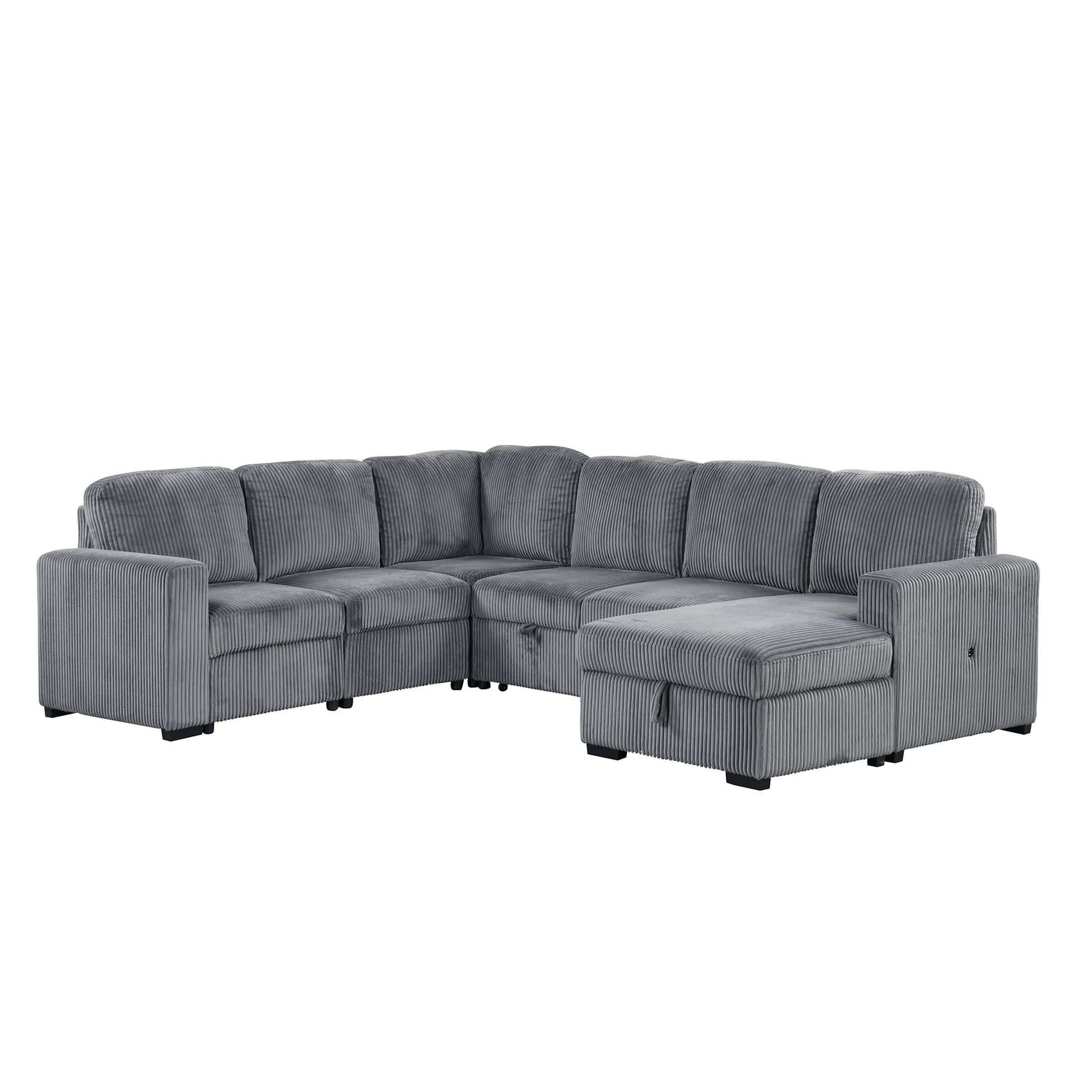 U Shaped Corduroy Combination Corner Sofa With Storage Lounge Chair, 6 Seater Oversized Sofa, With Usb Interfaces,Suitable For Living Room, Office, And Spacious Space Gray Polyester 6 Seat