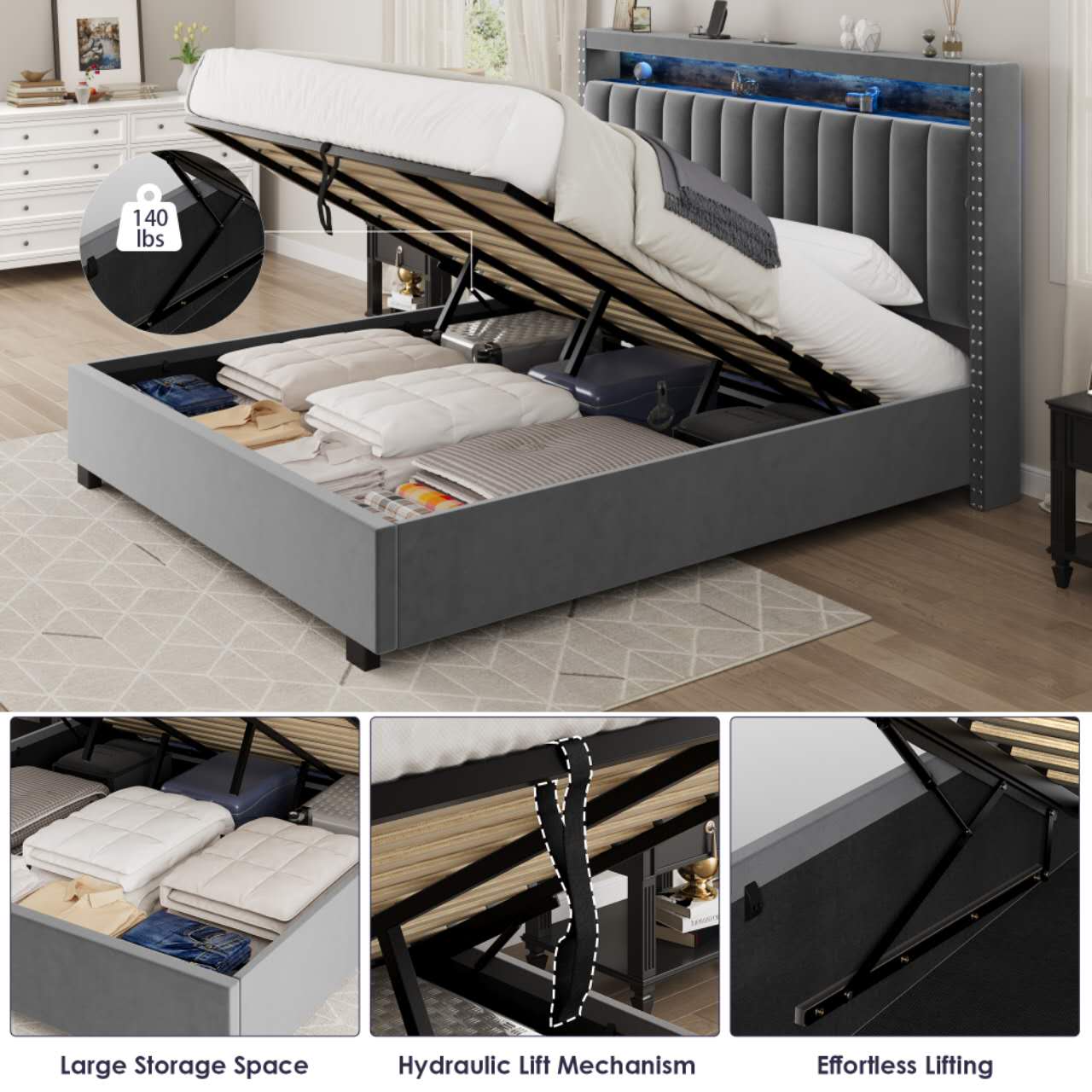 Luxury Gas Lift Storage Bed With Rf Led Lights, Storage Headboard ,Full Size ,Velvet Grey Box Spring Not Required Full Dark Grey Wood Brown Bedroom American Design Poplar Slat Beds Polyester Velvet Metal & Wood