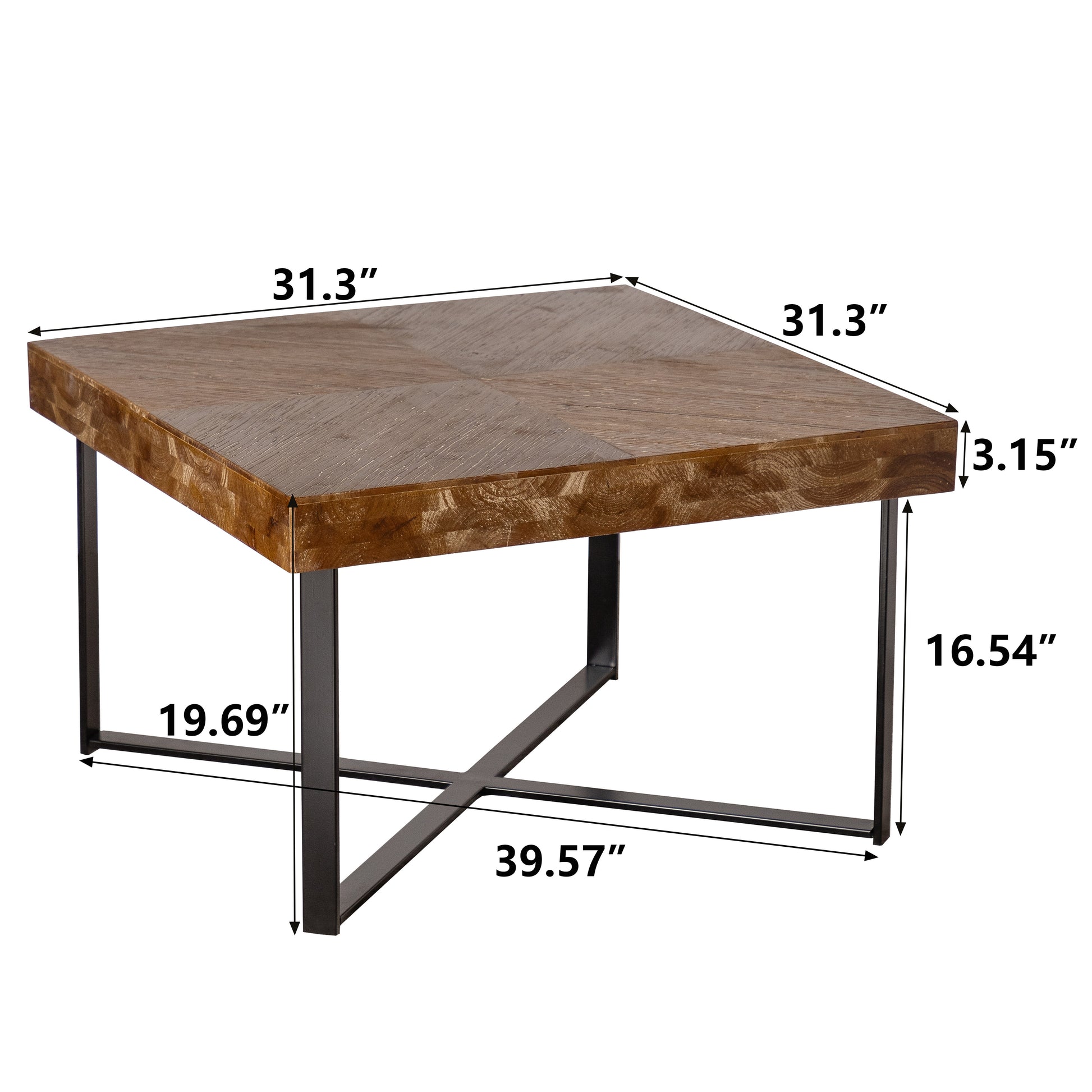 31.3"Modern Retro Splicing Square Coffee Tablefir Wood Table Top With Cross Legs Metal Base Set Of 2 Pcs Natural Mdf Steel