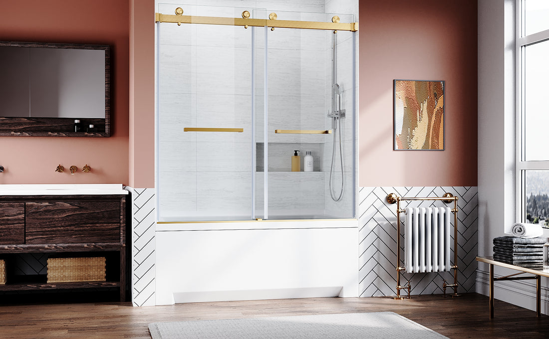 Frameless Sliding Bathtub Door 56 60 In.W X 62 In.H,Bypass Tub Glass Sliding Shower Doors,3 8" 10Mm Thick Clear Tempered Glass,Heavy Duty Stainless Steel Hardwares,2Pcs Rectangle Handles,Brushed Gold Brushed Gold Stainless Steel