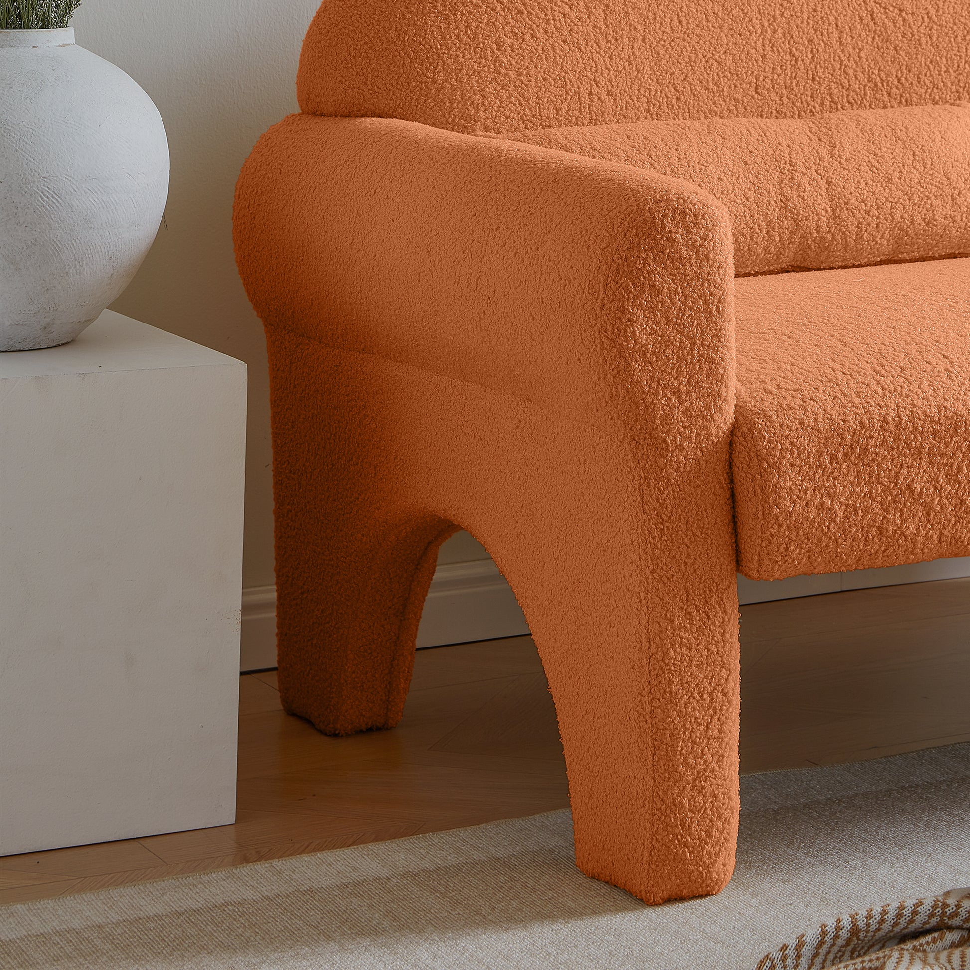 Modern Boucle Accent Chair With Lumbar Pillow For Living Room Orange Fabric 1 Seat