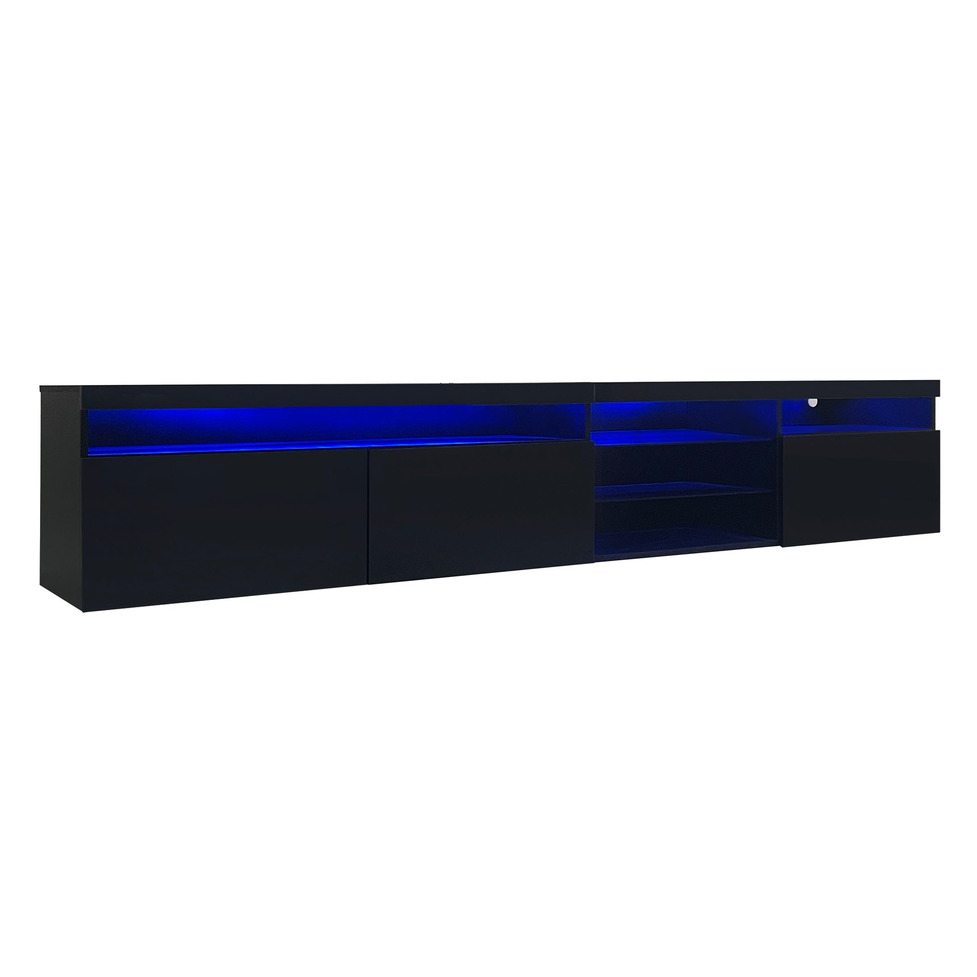 Unique Design Tv Stand With 2 Glass Shelves, Large Storage Space Media Console For Tvs Up To 105", Versatile Tv Cabinet With Led Color Changing Lights For Living Room, Black Black Primary Living