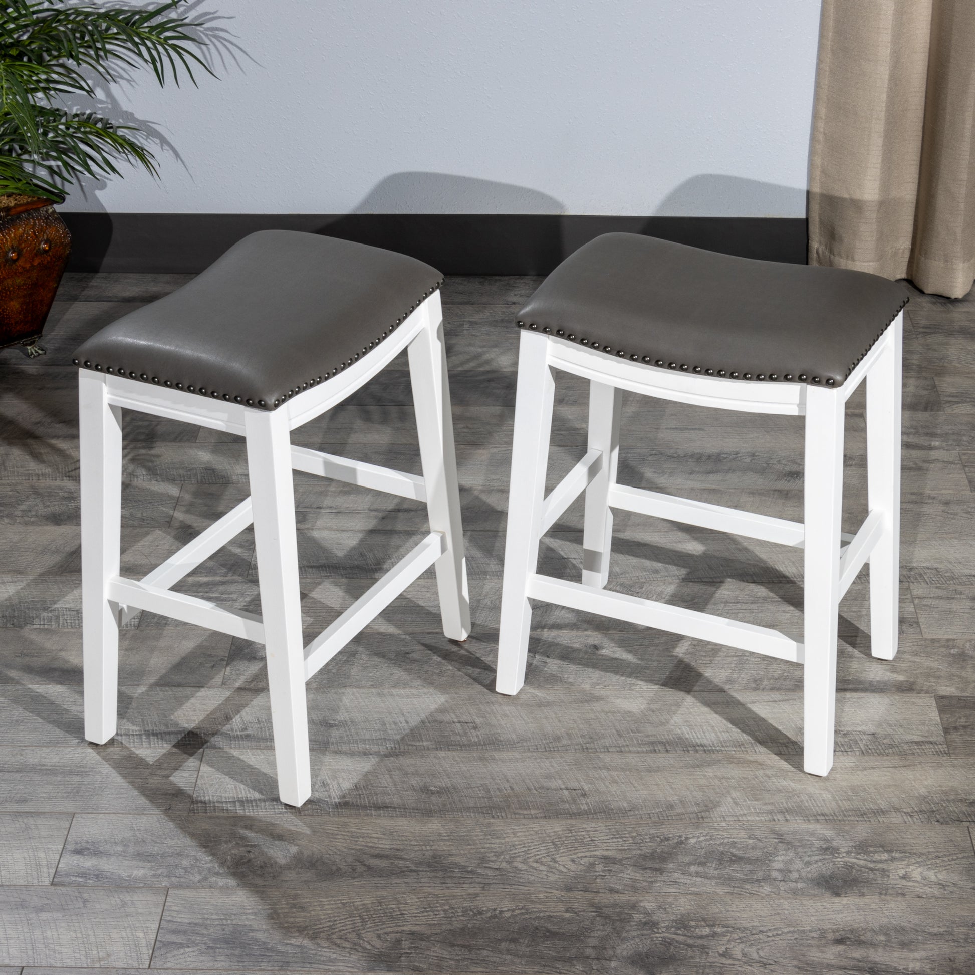 Saddle Stool, 29" Barstool, White Dark Gray Pu, Set Of 2 White Wood