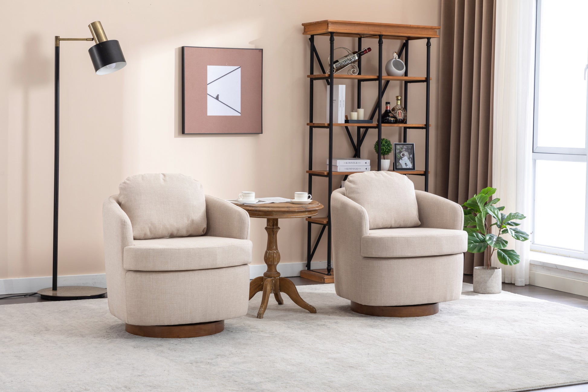 035 Linen Fabric Swivel Accent Chair With Soild Wood Round Brown Base Leg,Beige Beige Brown Primary Living Space Modern Eucalyptus Foam Linen
