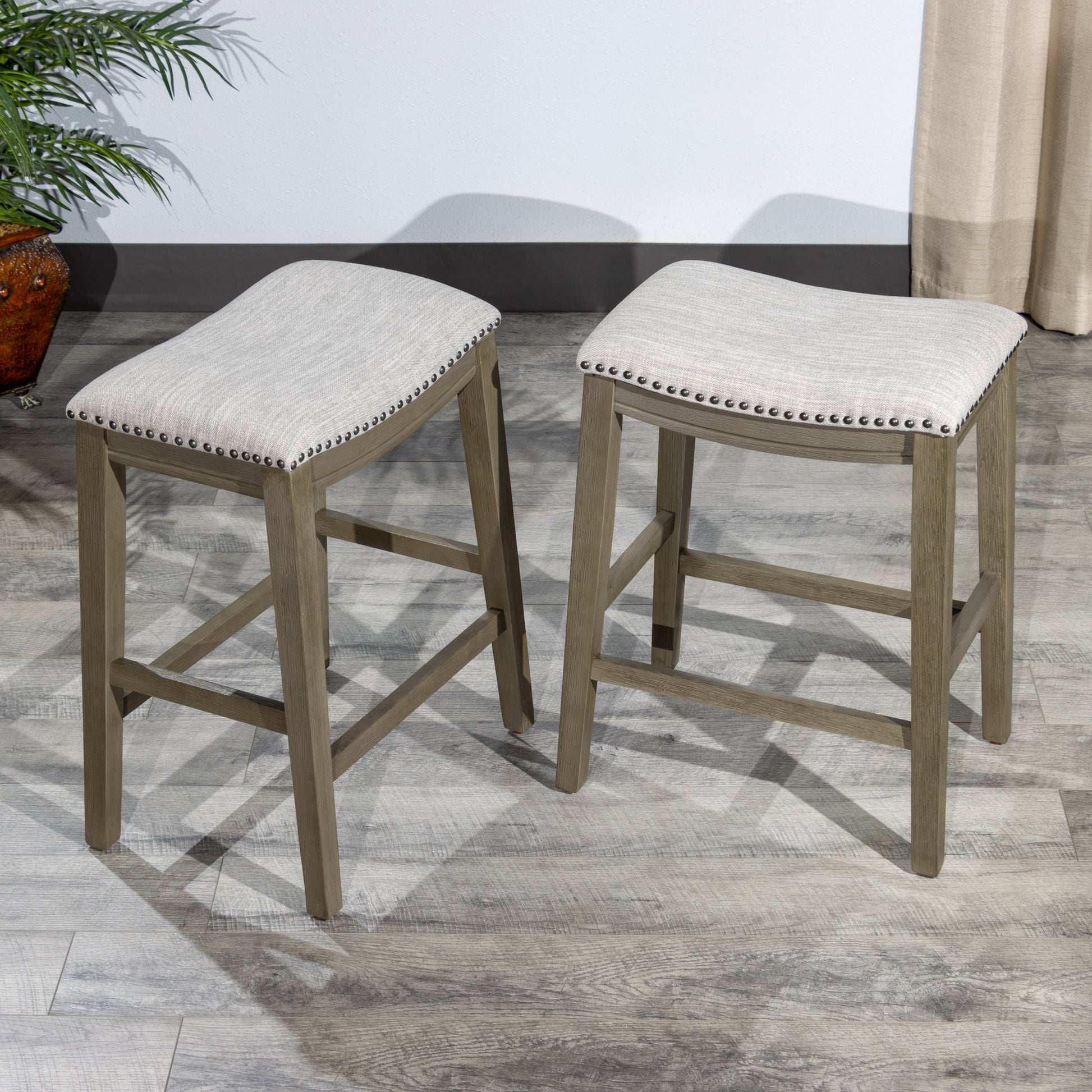 Saddle Stool 25" Counter Stool, Gray Light Gray Fabric, Set Of 2 Gray Wood