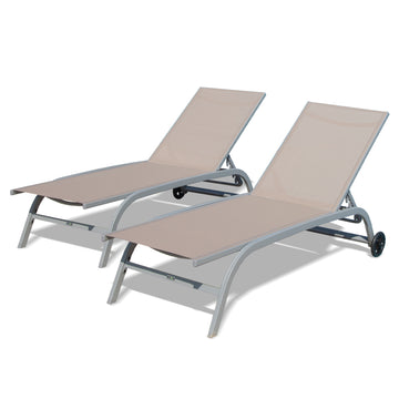 Chaise Lounge Outdoor Set Of 2, Lounge Chairs For Outside With Wheals, Outdoor Lounge Chairs With 5 Adjustable Position, Pool Lounge Chairs For Patio, Beach,Yard,Deck,Poolside Khaki, 2 Lounge Chairs Khaki Aluminium