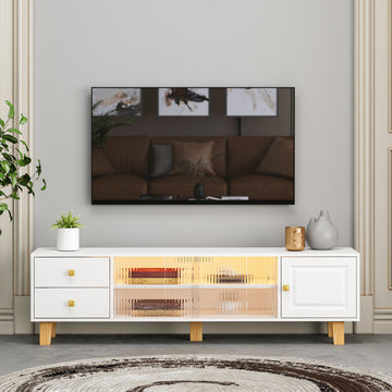 Tv Stand,Tv Cabinet,Entertainment Center,Tv Console,Media Console,Plastic Door Panel,With Led Remote Control Light,Sliding Door,Metal Handle,Solid Wooden Leg,Can Placed In The Living Room,Color:White White White Primary Living Space 60 69 Inches 60 69