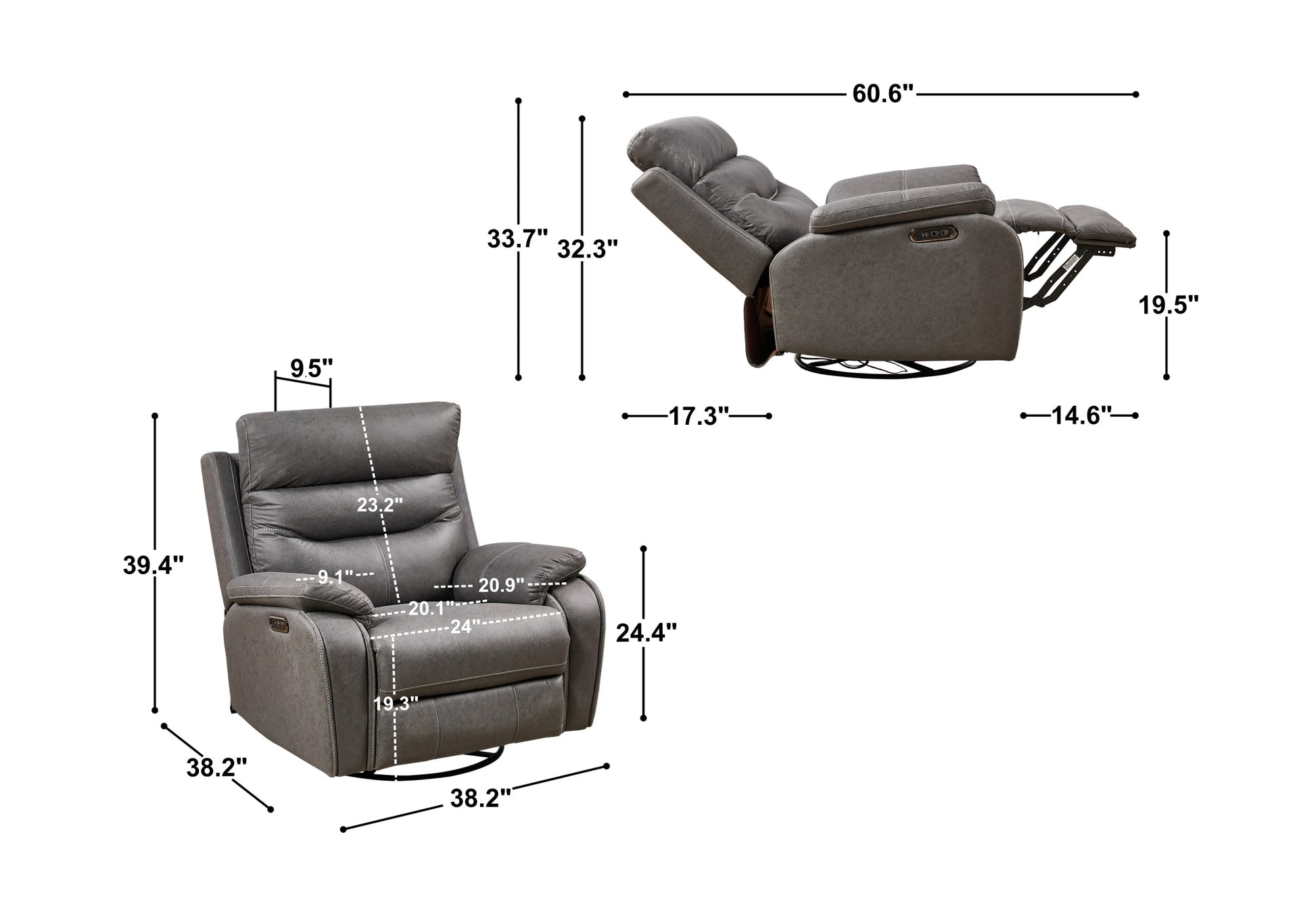 Liyasi Dual Okin Motor Rocking And 240 Degree Swivel Single Sofa Seat Recliner Chair Infinite Position ,Head Rest With Power Function Gray Polyester Metal Power Remote Primary Living Space Soft Cushion Back American Design Beech Pillow Top Arms Foam