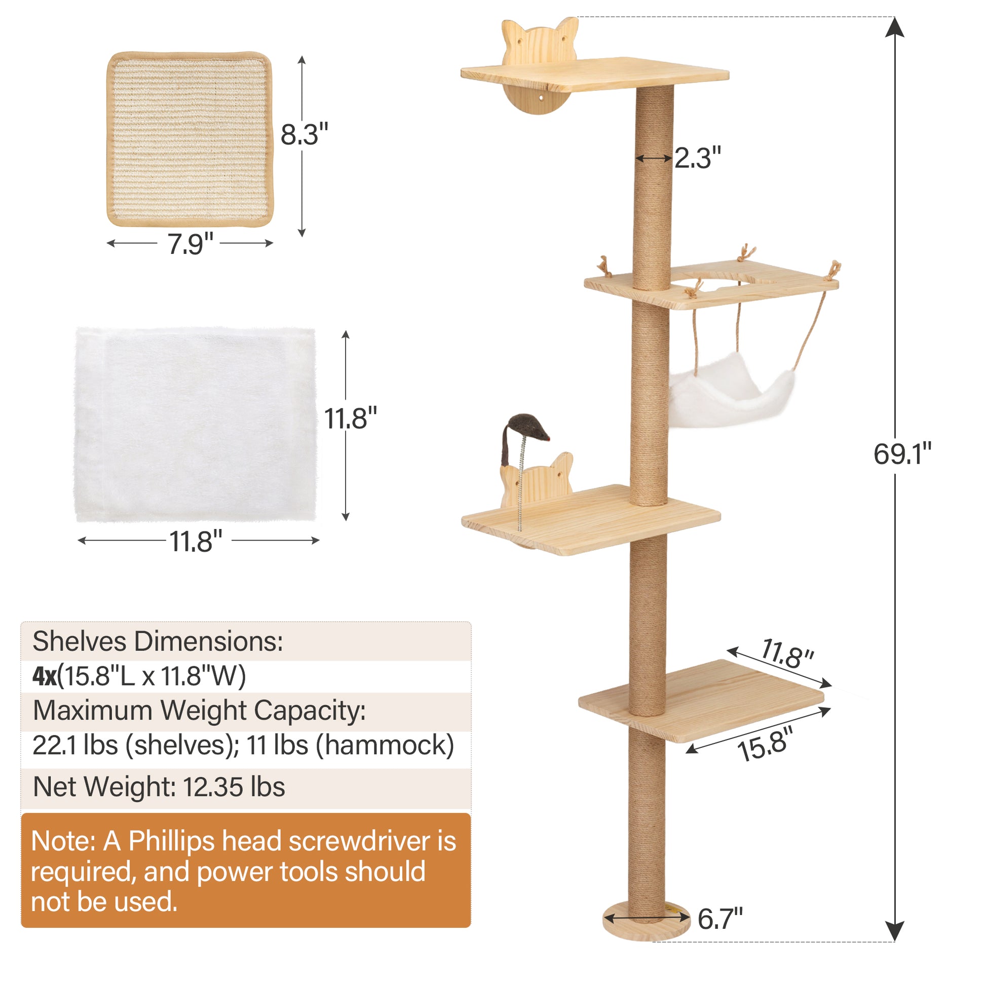 Wall Mounted Cat Scratching Pad For Small To Large Cat, Indoor Wood Cat Tree With Hammock, Cat Scratcher Perch Burly Wood Pine