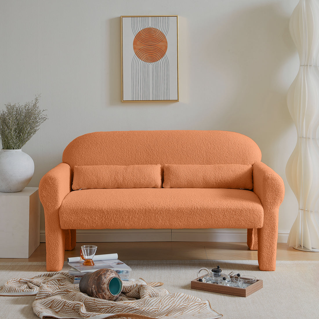 Modern Boucle Seat For Living Room Orange Foam 2 Seat
