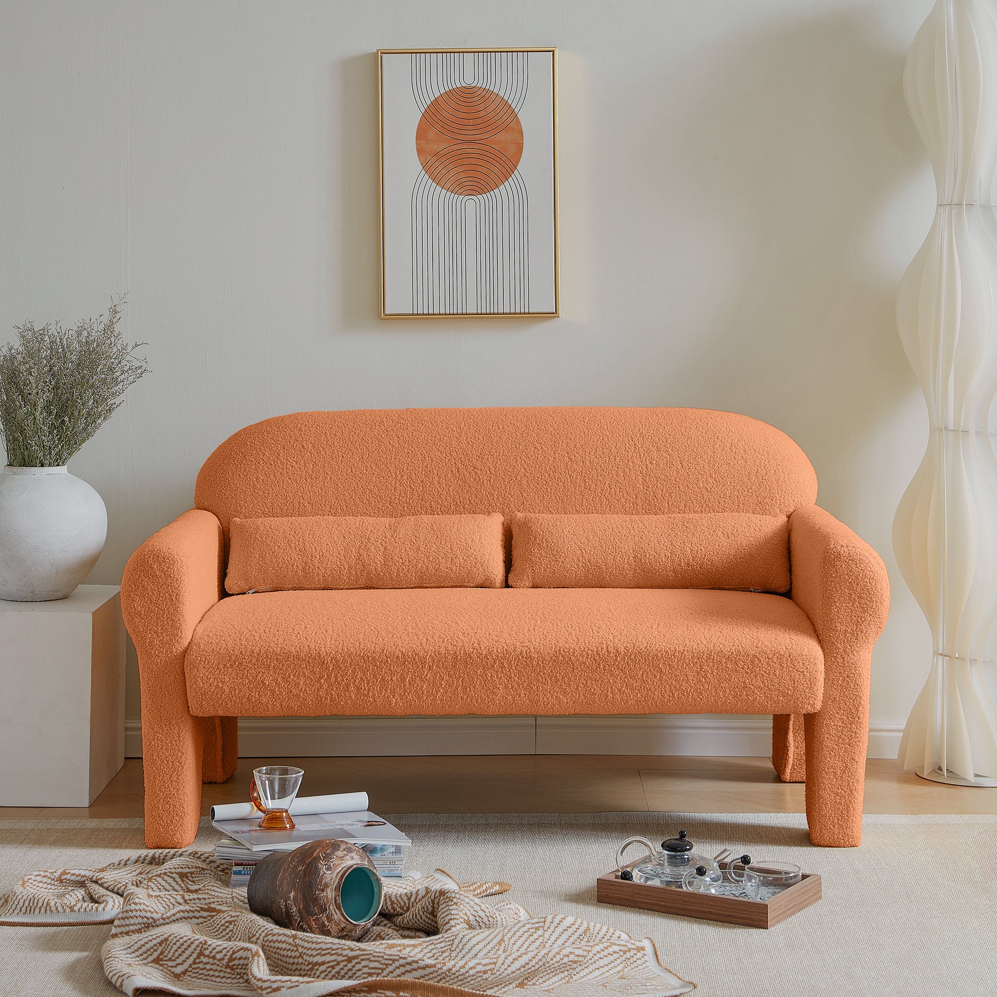 Modern Boucle Seat For Living Room Orange Foam 2 Seat