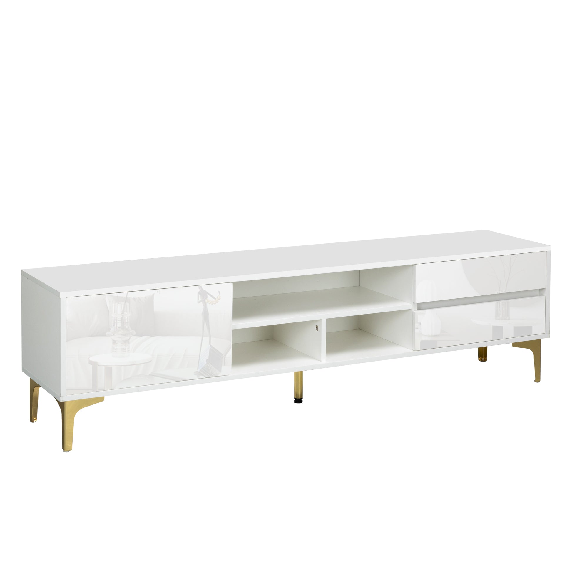 Tv Stand,Tv Cabinet,Entertainment Center,Tv Console,Media Console,With Led Remote Control Lights,Uv Bloom Drawer Panel,Gold Metal Table Legs, Can Be Placed In The Living Room, Bedroom, Color: White White White Primary Living Space 60 69 Inches 60 69