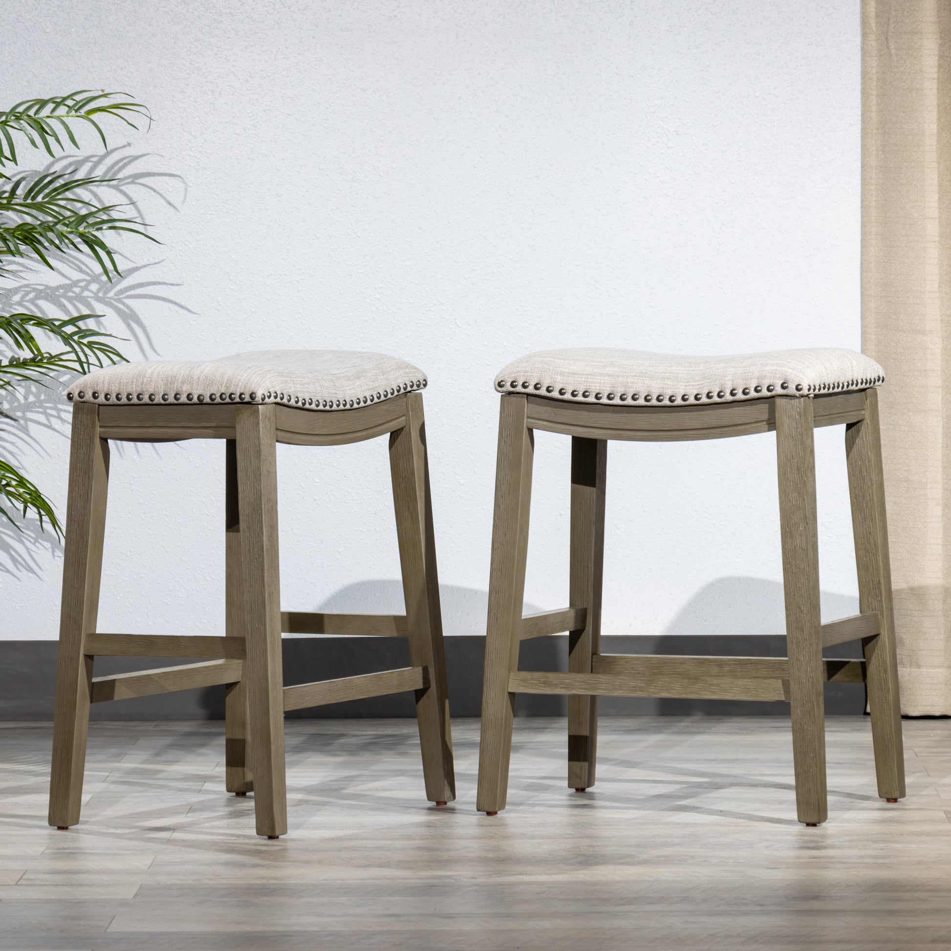 Saddle Stool 25" Counter Stool, Gray Light Gray Fabric, Set Of 2 Gray Wood