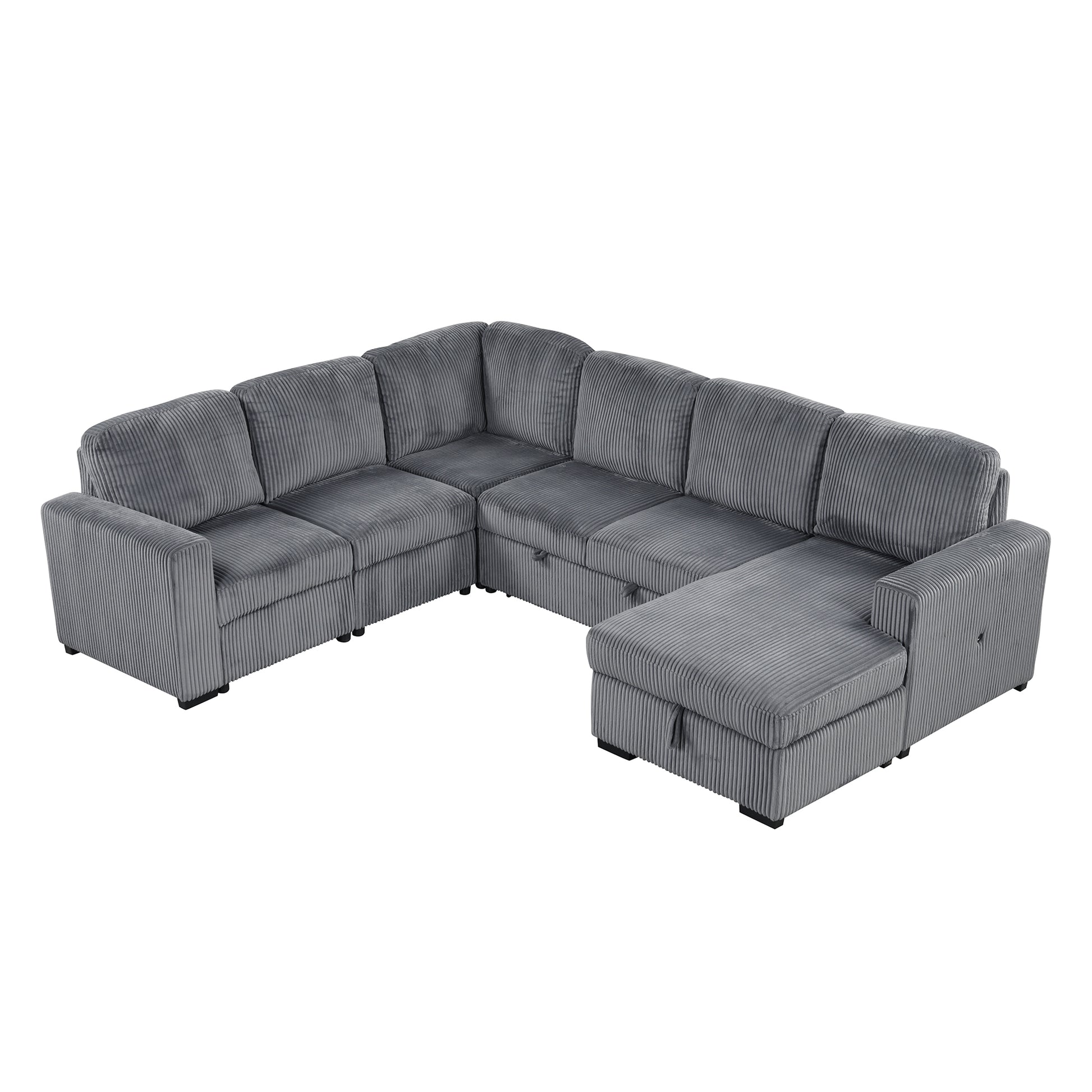 U Shaped Corduroy Combination Corner Sofa With Storage Lounge Chair, 6 Seater Oversized Sofa, With Usb Interfaces,Suitable For Living Room, Office, And Spacious Space Gray Polyester 6 Seat