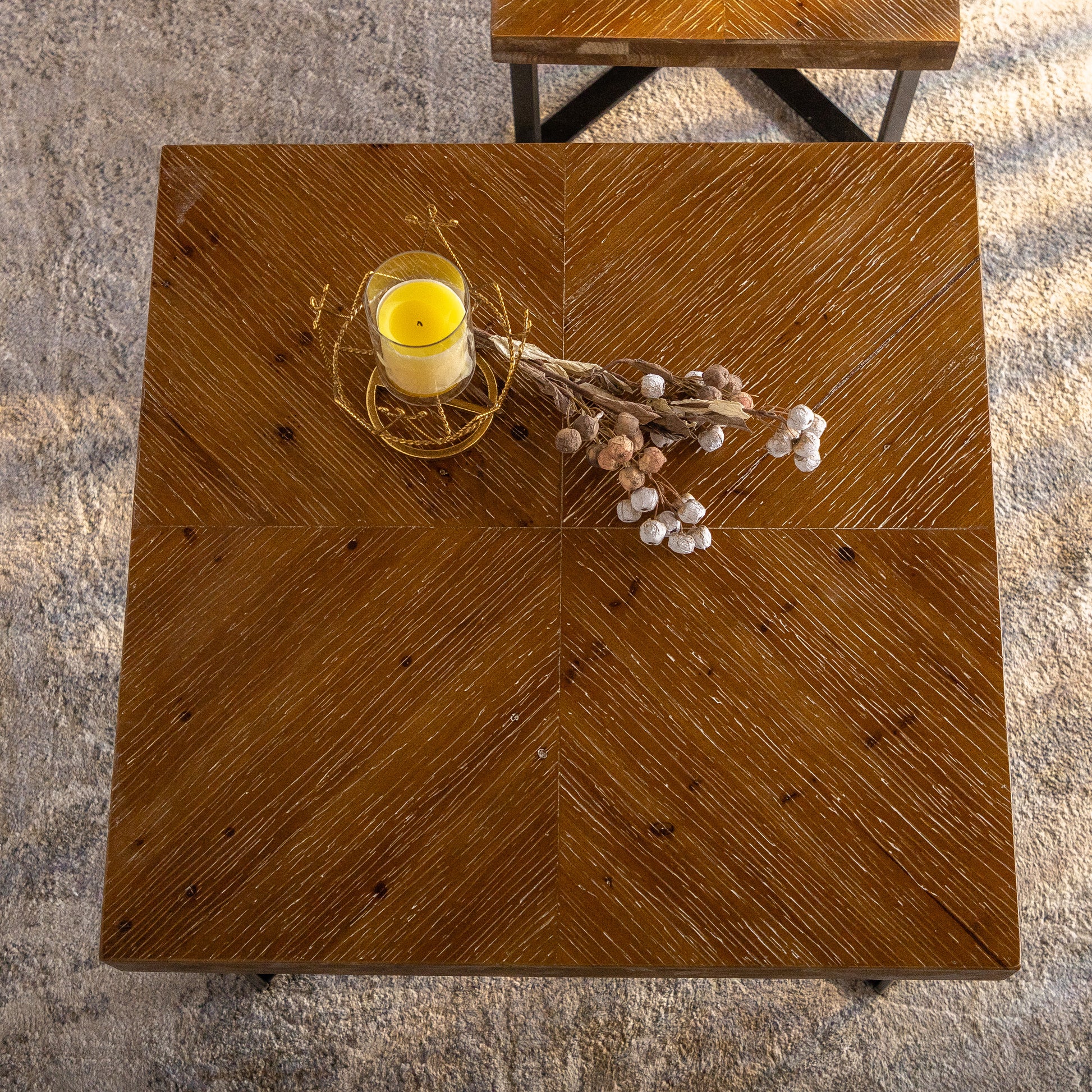 31.3"Modern Retro Splicing Square Coffee Tablefir Wood Table Top With Cross Legs Metal Base Set Of 2 Pcs Natural Mdf Steel