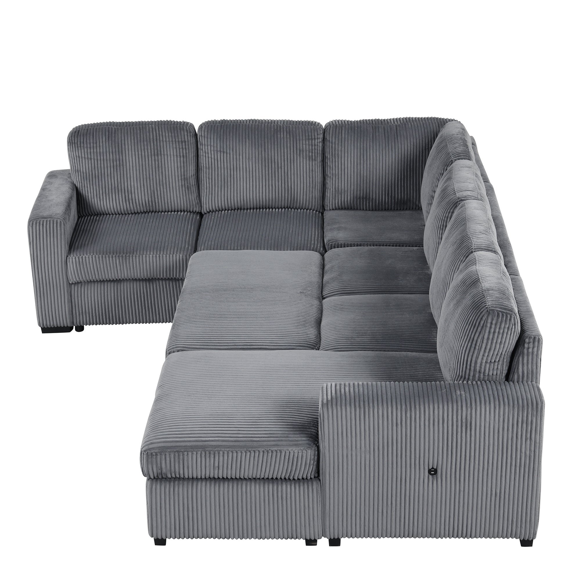 U Shaped Corduroy Combination Corner Sofa With Storage Lounge Chair, 6 Seater Oversized Sofa, With Usb Interfaces,Suitable For Living Room, Office, And Spacious Space Gray Polyester 6 Seat