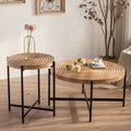 Modern Thread Design Round Coffee Tablemdf Table Top With Cross Legs Metal Base Set Of 2 Pcs Natural Mdf Steel