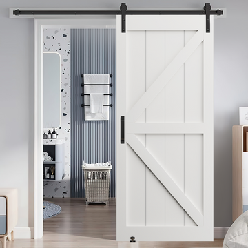 36" X 84" "K" Style Real Primed Door Slab 6.6Ft Barn Door Sliding Hardware Adjustable Floor Guider Pull Handle, Diy Unfinished Paneled Door, Modern Interior Barn Door, Moisture Proof White Mdf