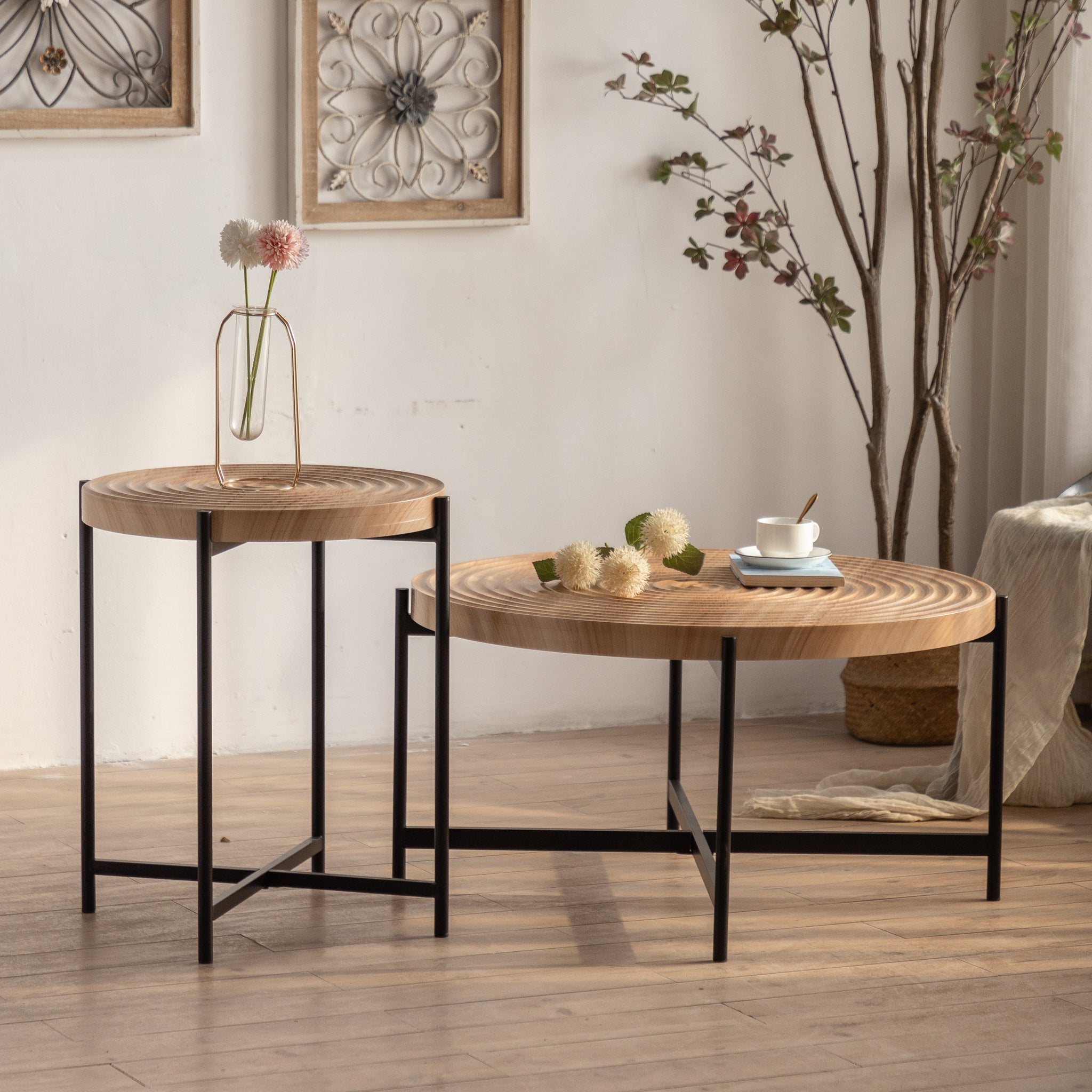 Modern Thread Design Round Coffee Tablemdf Table Top With Cross Legs Metal Base Set Of 2 Pcs Natural Mdf Steel