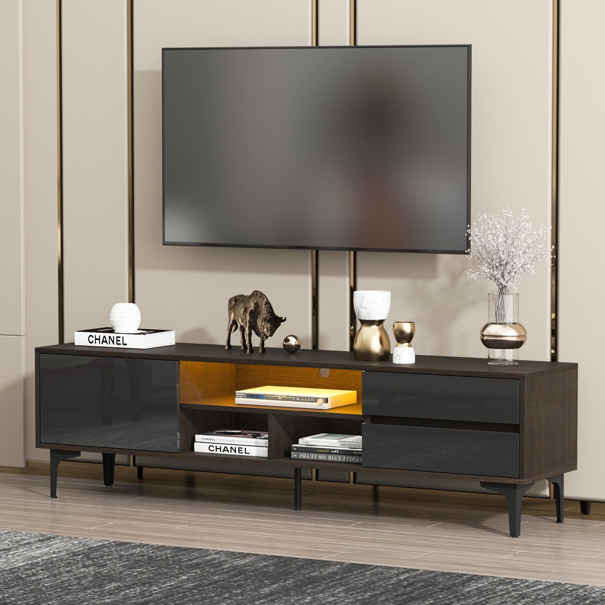 Tv Stand,Tv Cabinet,Entertainment Center,Tv Console,Media Console,With Led Remote Control Lights,Uv Bloom Drawer Panel,Ferrous Legs,Can Be Placed In The Living Room, Bedroom, Color: Dark Brown Black Black Brown Brown Primary Living Space 60 69 Inches 60