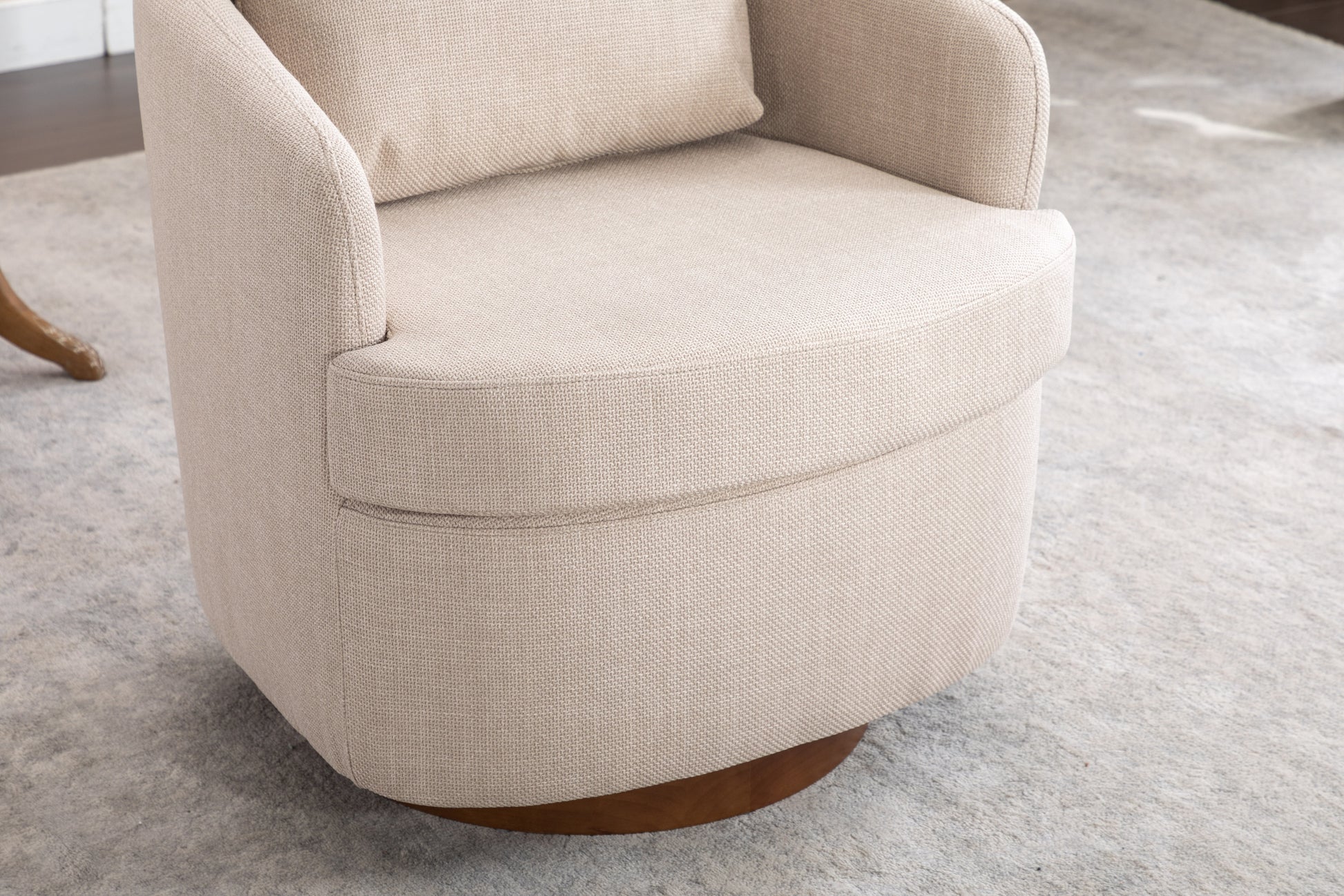 035 Linen Fabric Swivel Accent Chair With Soild Wood Round Brown Base Leg,Beige Beige Brown Primary Living Space Modern Eucalyptus Foam Linen