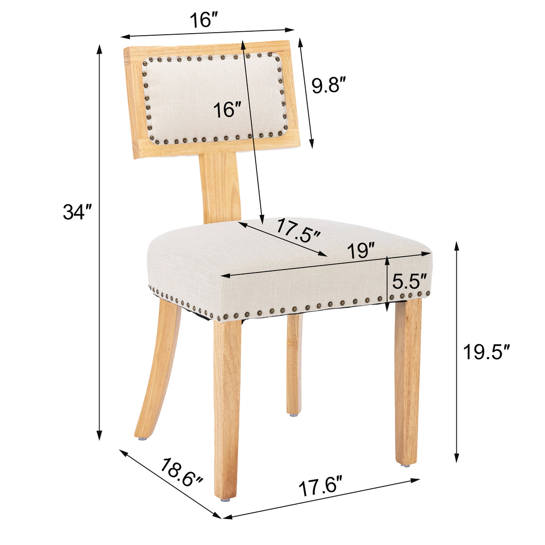 Heng Ming T Back Dining Chair, With Rivet Decoration Adjustment Mat, Suitable For Dining Room, Kitchen, Balcony, Bedroom,Set Of 2 Beige Fabric