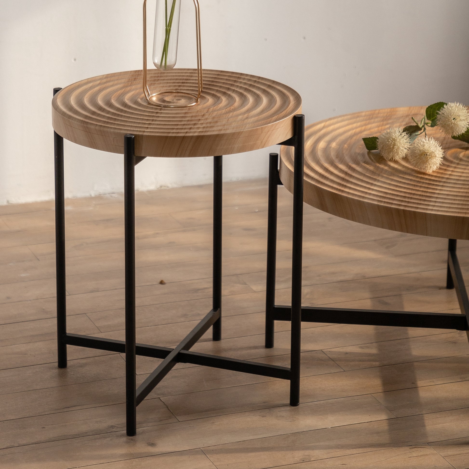 Modern Thread Design Round Coffee Tablemdf Table Top With Cross Legs Metal Base Set Of 2 Pcs Natural Mdf Steel