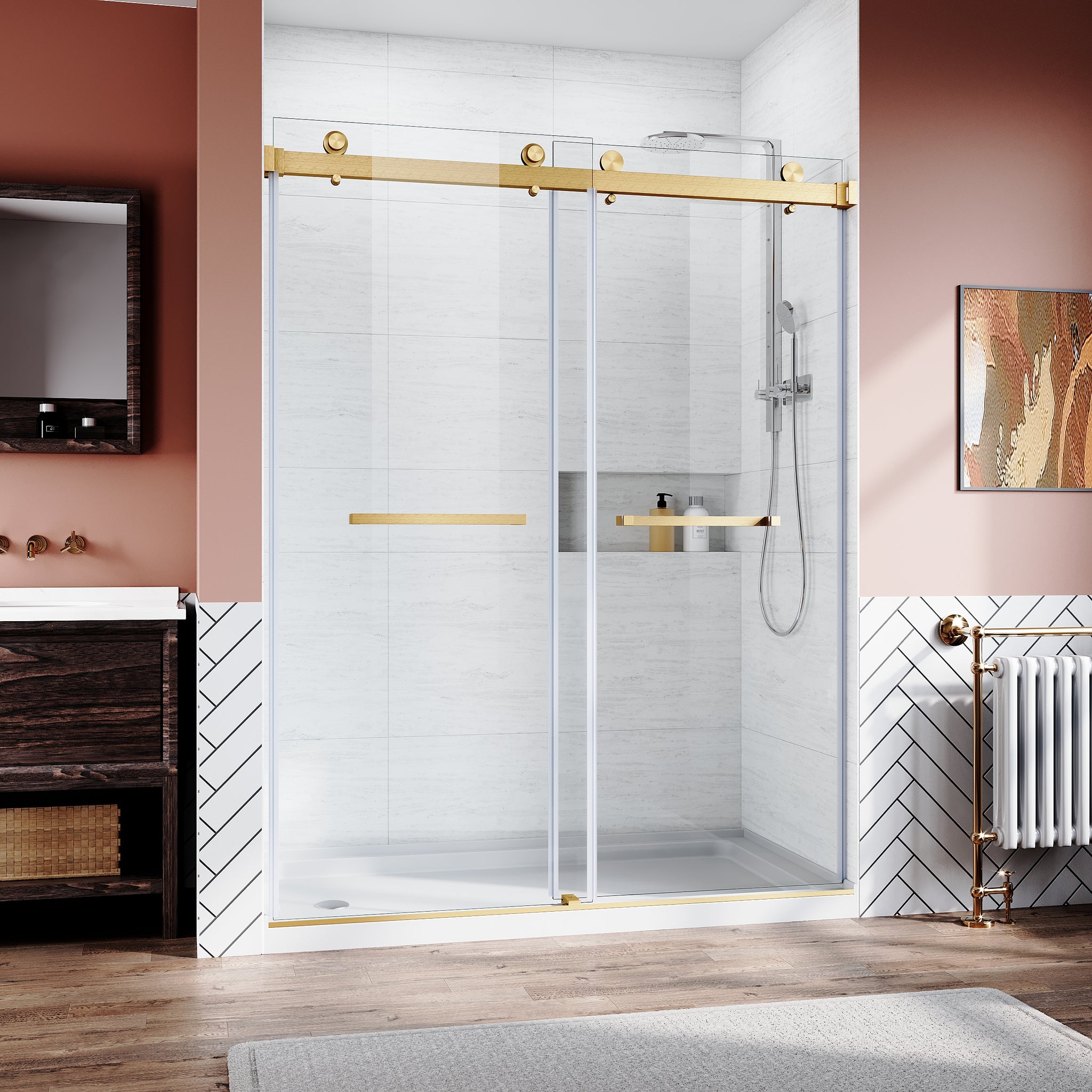 Frameless Sliding Shower Glass Door 56 60 In.W X 76 In. H,3 8" 10Mm Thick Clear Tempered Glass,Heavy Duty Stainless Steel Hardwares,Brushed Gold Brushed Gold Stainless Steel