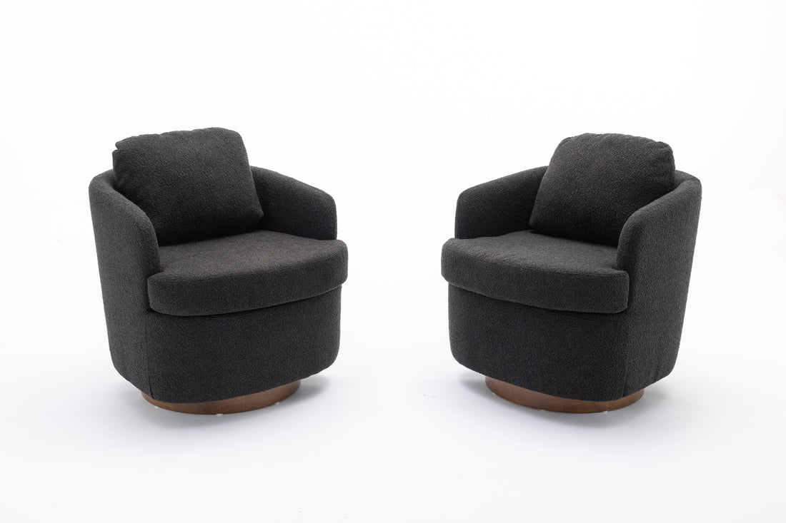 035 Boucle Fabric Swivel Accent Chair With Soild Wood Round Brown Base Leg,Black Black Brown Primary Living Space Modern Eucalyptus Foam Boucle