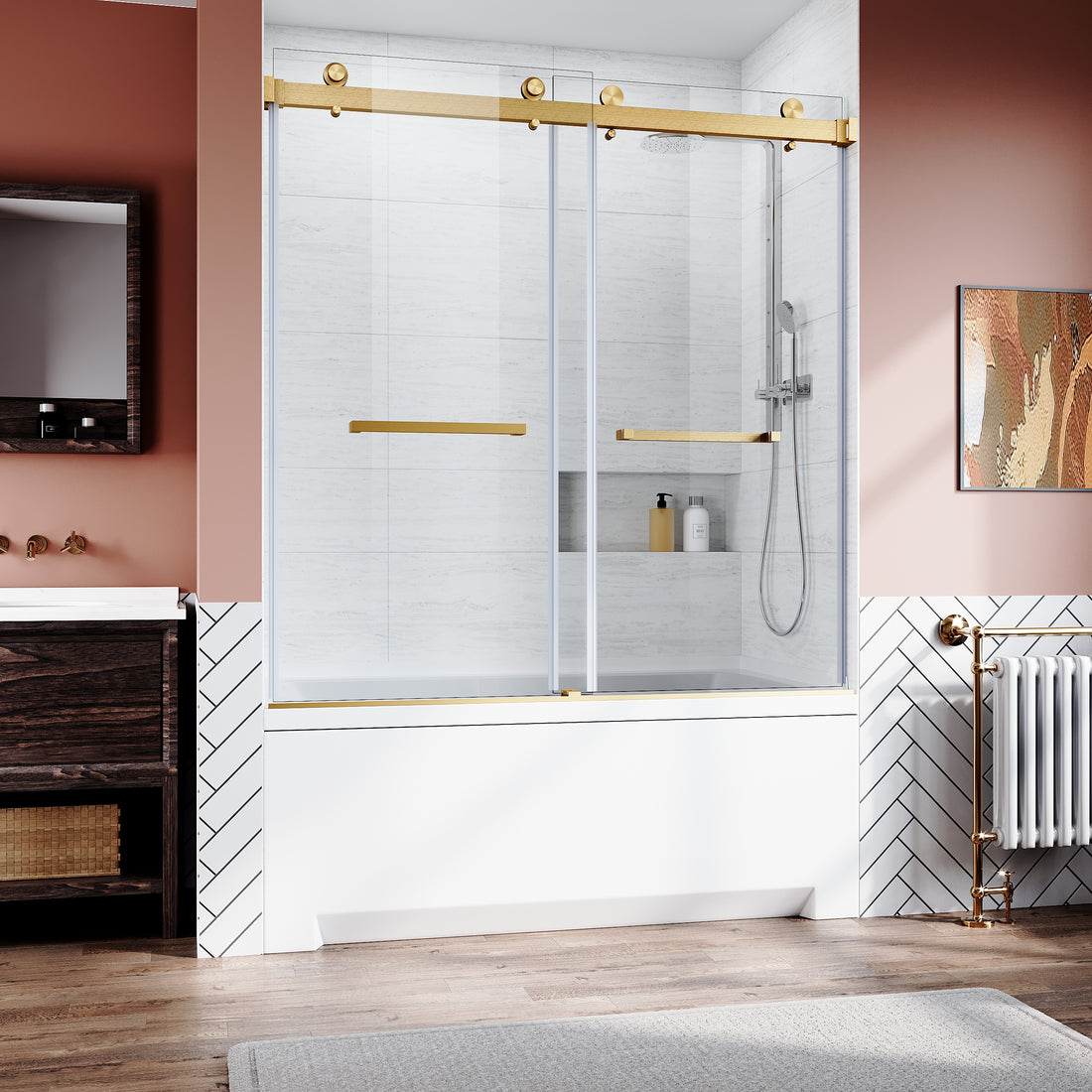 Frameless Sliding Bathtub Door 56 60 In.W X 62 In.H,Bypass Tub Glass Sliding Shower Doors,3 8" 10Mm Thick Clear Tempered Glass,Heavy Duty Stainless Steel Hardwares,2Pcs Rectangle Handles,Brushed Gold Brushed Gold Stainless Steel