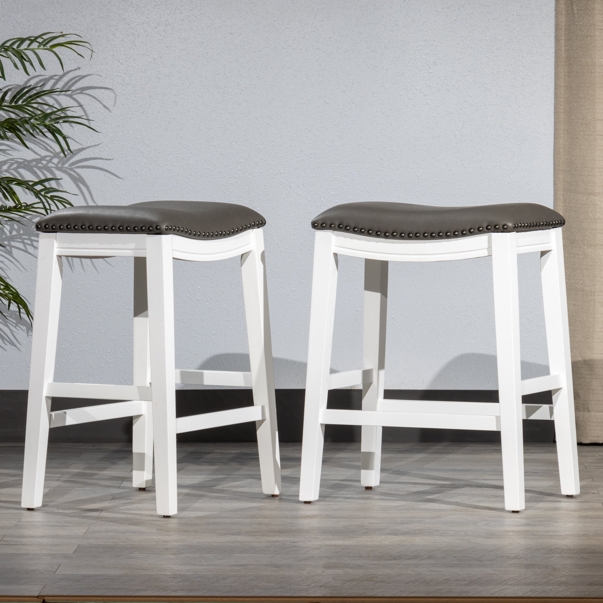 Saddle Stool 25" Counter Stool, White Dark Gray Pu, Set Of 2 White Wood