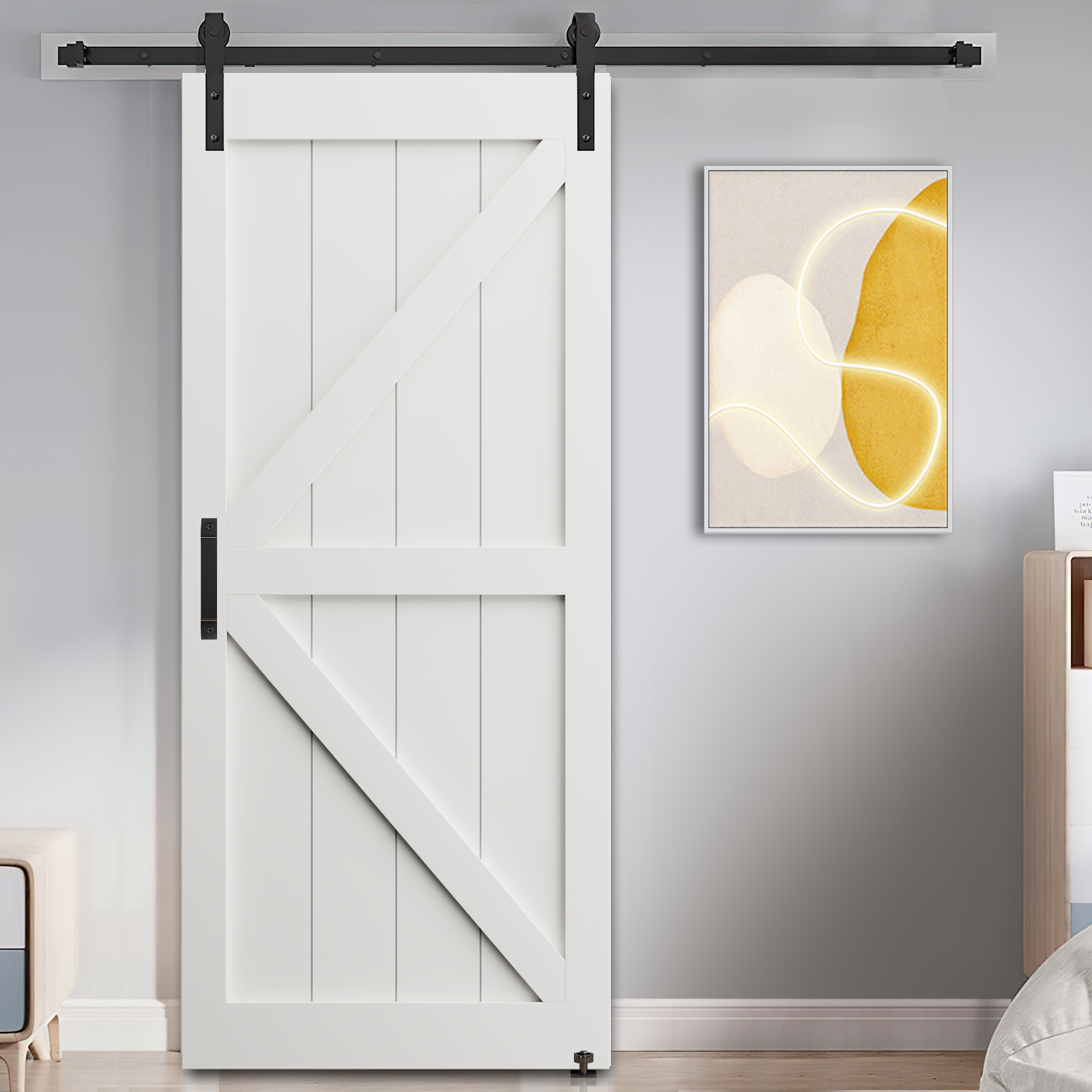 36" X 84" "K" Style Real Primed Door Slab 6.6Ft Barn Door Sliding Hardware Adjustable Floor Guider Pull Handle, Diy Unfinished Paneled Door, Modern Interior Barn Door, Moisture Proof White Mdf