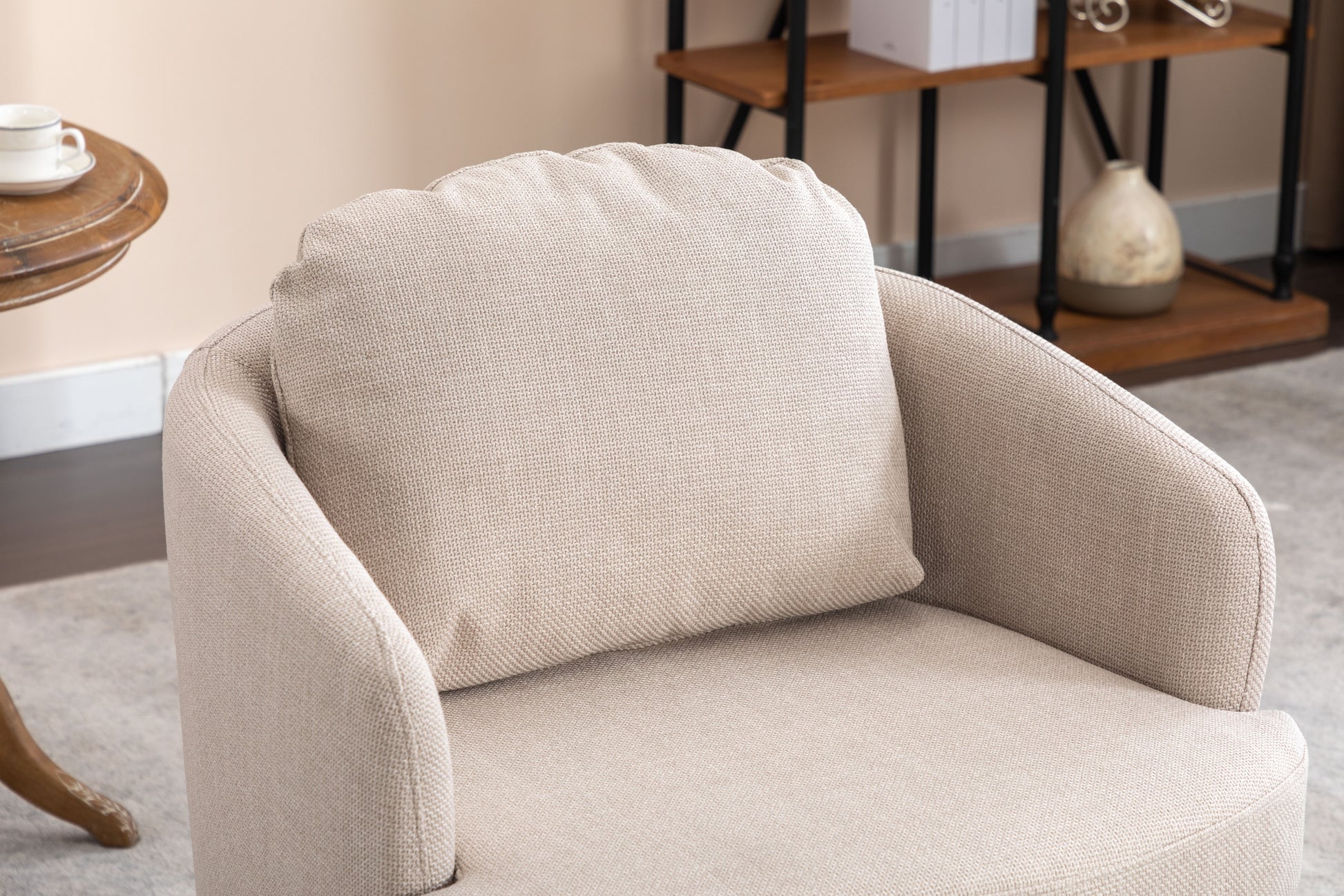 035 Linen Fabric Swivel Accent Chair With Soild Wood Round Brown Base Leg,Beige Beige Brown Primary Living Space Modern Eucalyptus Foam Linen