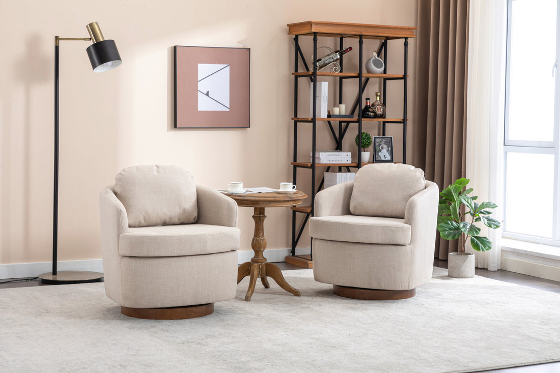 035 Linen Fabric Swivel Accent Chair With Soild Wood Round Brown Base Leg,Beige Beige Brown Primary Living Space Modern Eucalyptus Foam Linen