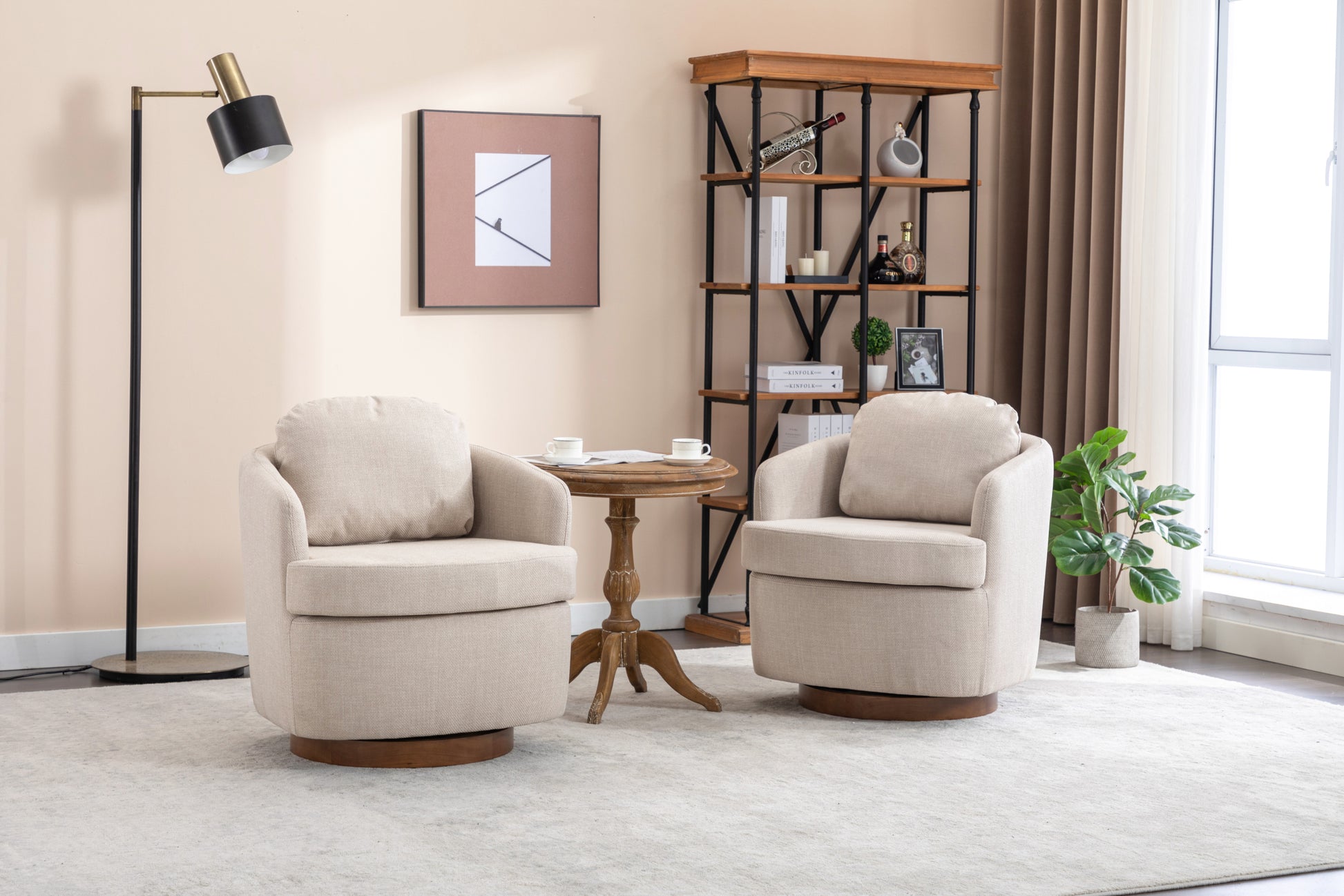035 Linen Fabric Swivel Accent Chair With Soild Wood Round Brown Base Leg,Beige Beige Brown Primary Living Space Modern Eucalyptus Foam Linen