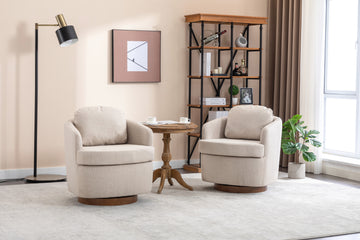035 Linen Fabric Swivel Accent Chair With Soild Wood Round Brown Base Leg,Beige Beige Brown Primary Living Space Modern Eucalyptus Foam Linen