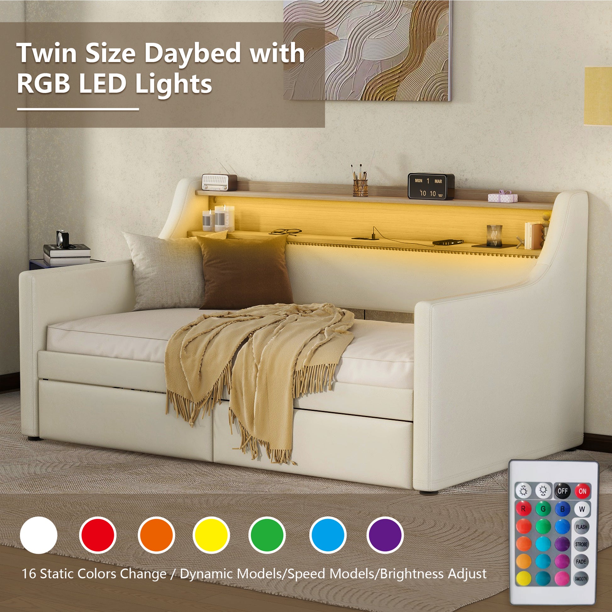 Twin Size Daybed With Drawers, Upholstered Daybed With Charging Station And Led Lights, White Old Item W1580S00021 Twin White Pu Leather