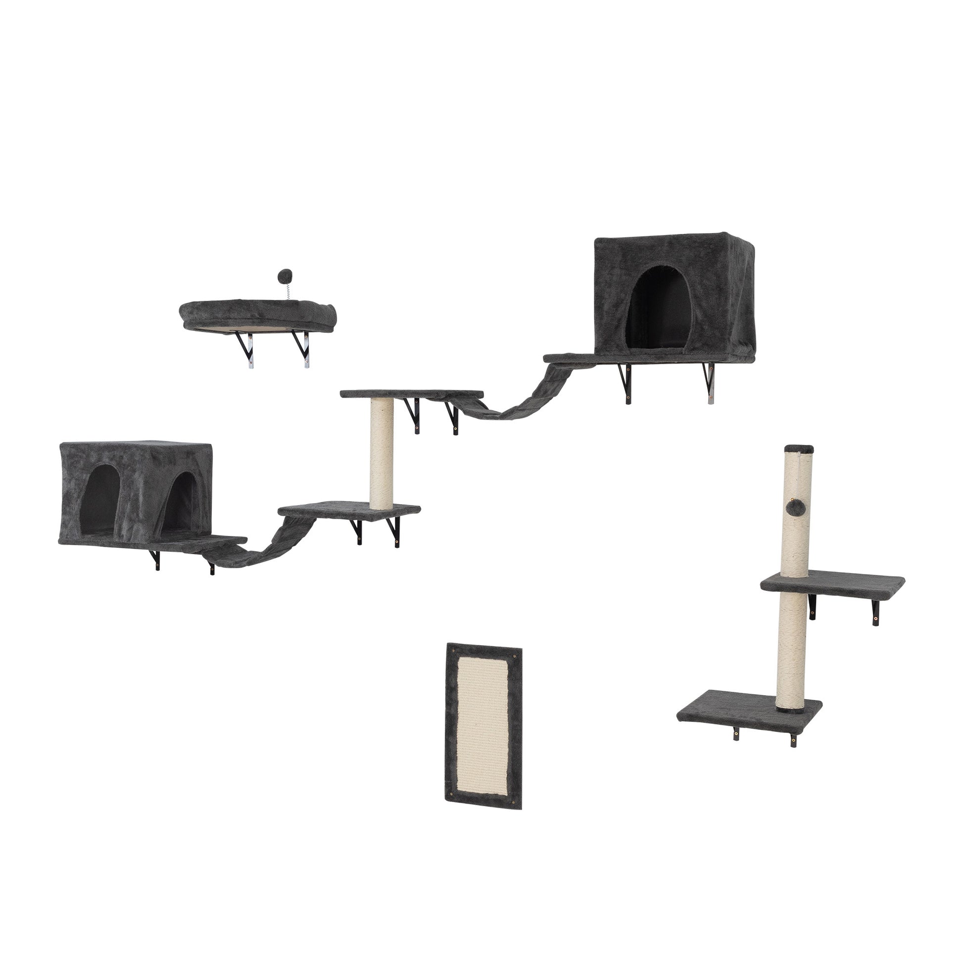 Wall Mounted Cat Tree, Cat Furniture With 2 Cat Condos House, 3 Cat Wall Shelves, 2 Ladder, 1 Cat Perch, Sisal Cat Scratching Posts And Pad Dark Grey Particle Board