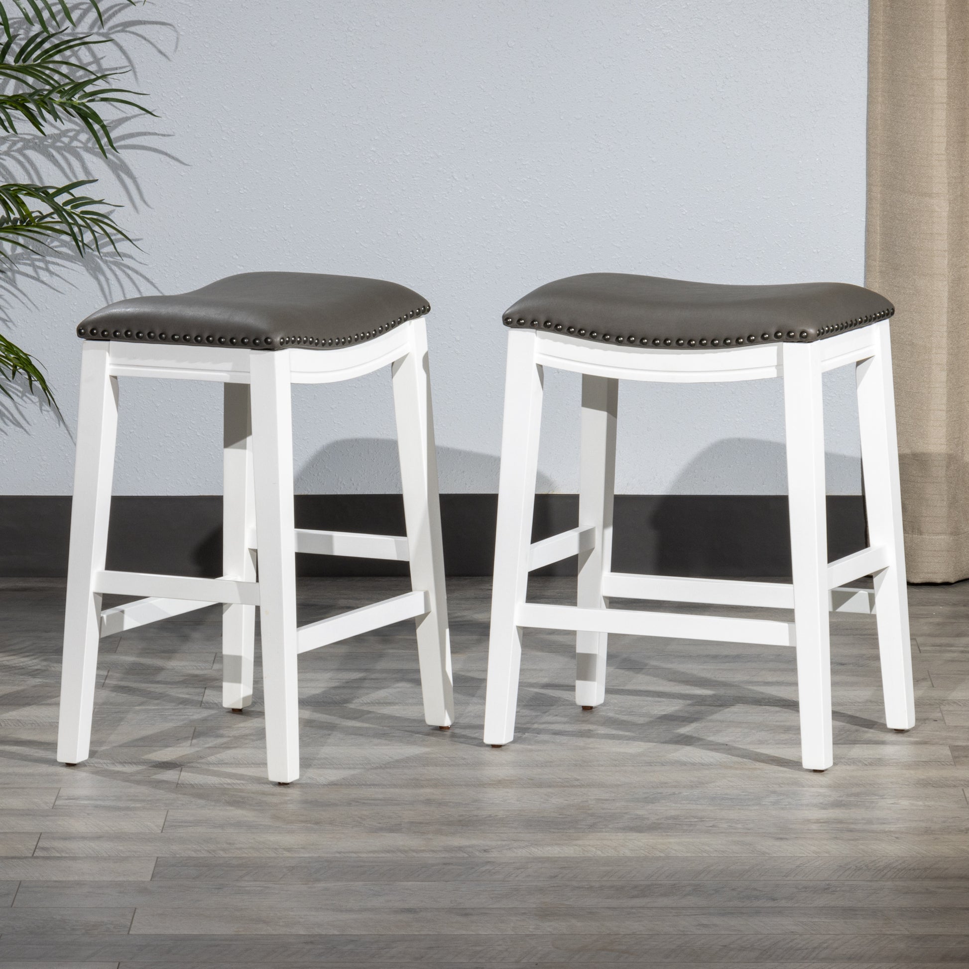 Saddle Stool 25" Counter Stool, White Dark Gray Pu, Set Of 2 White Wood