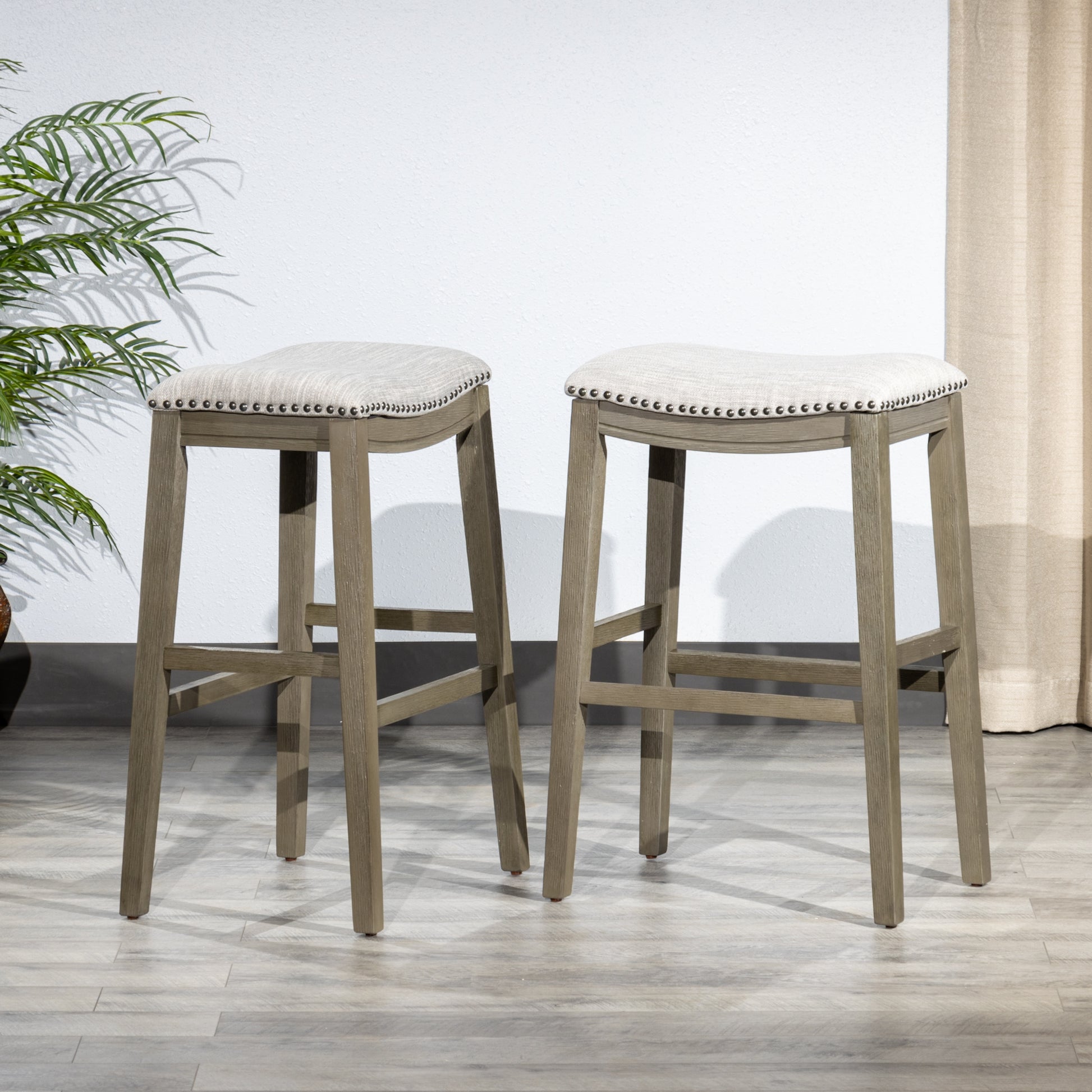 Saddle Stool, 29" Barstool Gray Light Gray Fabric, Set Of 2 Gray Wood