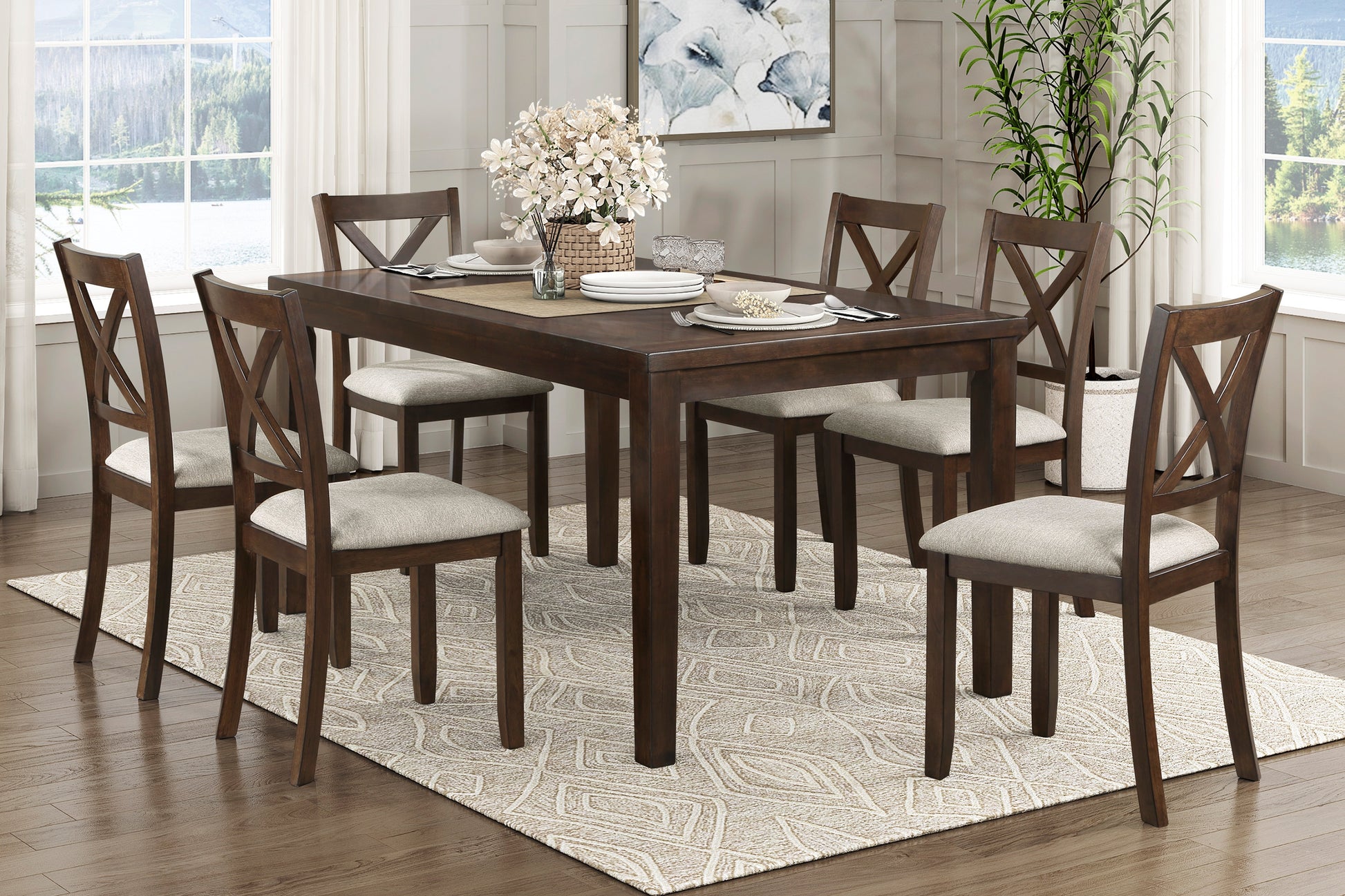 Dark Chery Finish Wooden Dining Set 7Pc Dining Table And Beige Side Ch