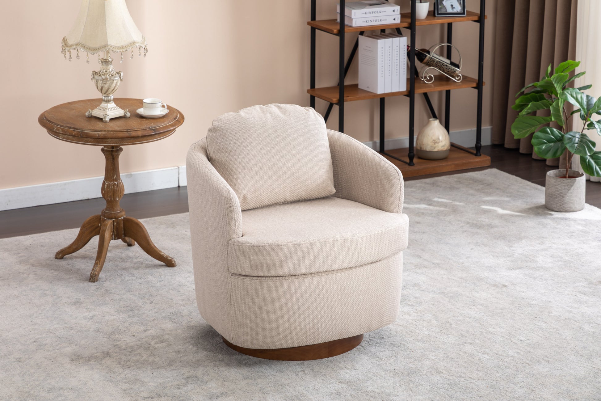 035 Linen Fabric Swivel Accent Chair With Soild Wood Round Brown Base Leg,Beige Beige Brown Primary Living Space Modern Eucalyptus Foam Linen