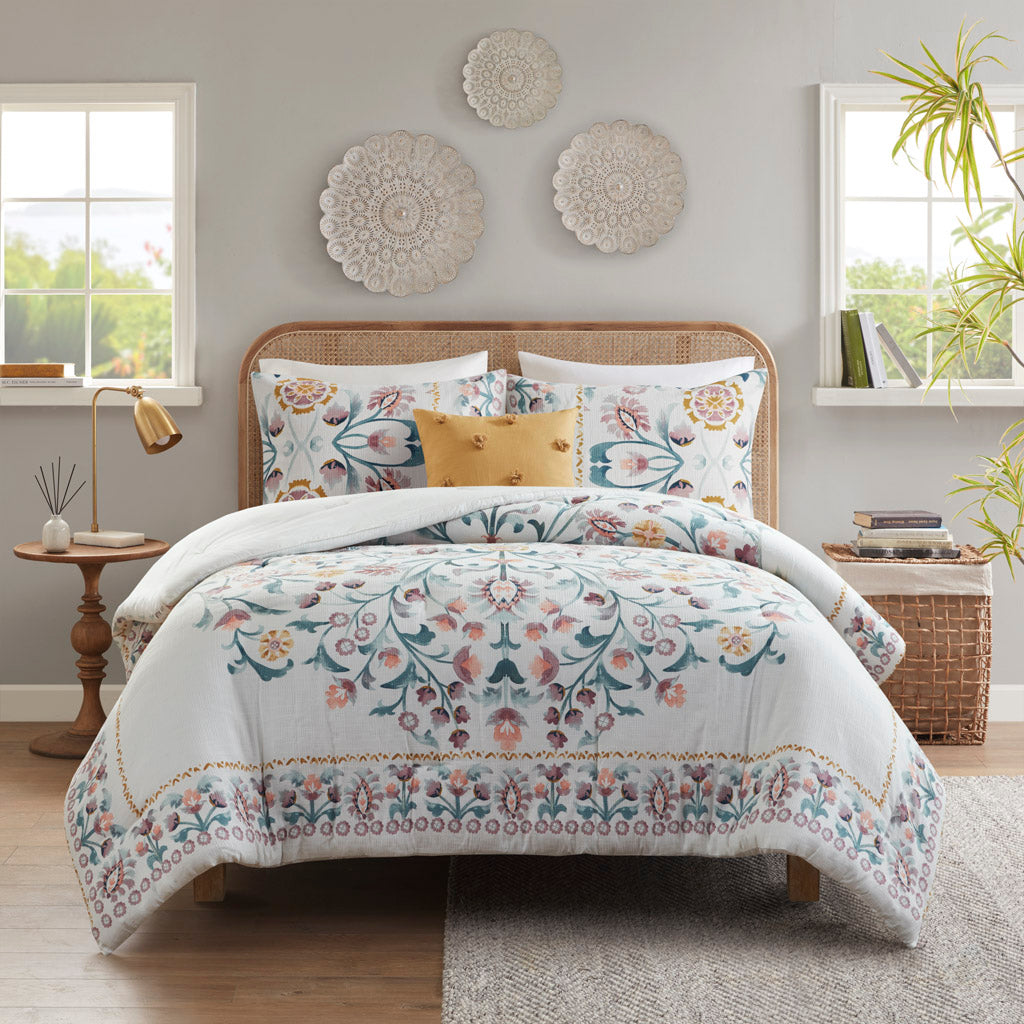 4 Piece Floral Comforter Set With Throw Pillow Multi Cotton