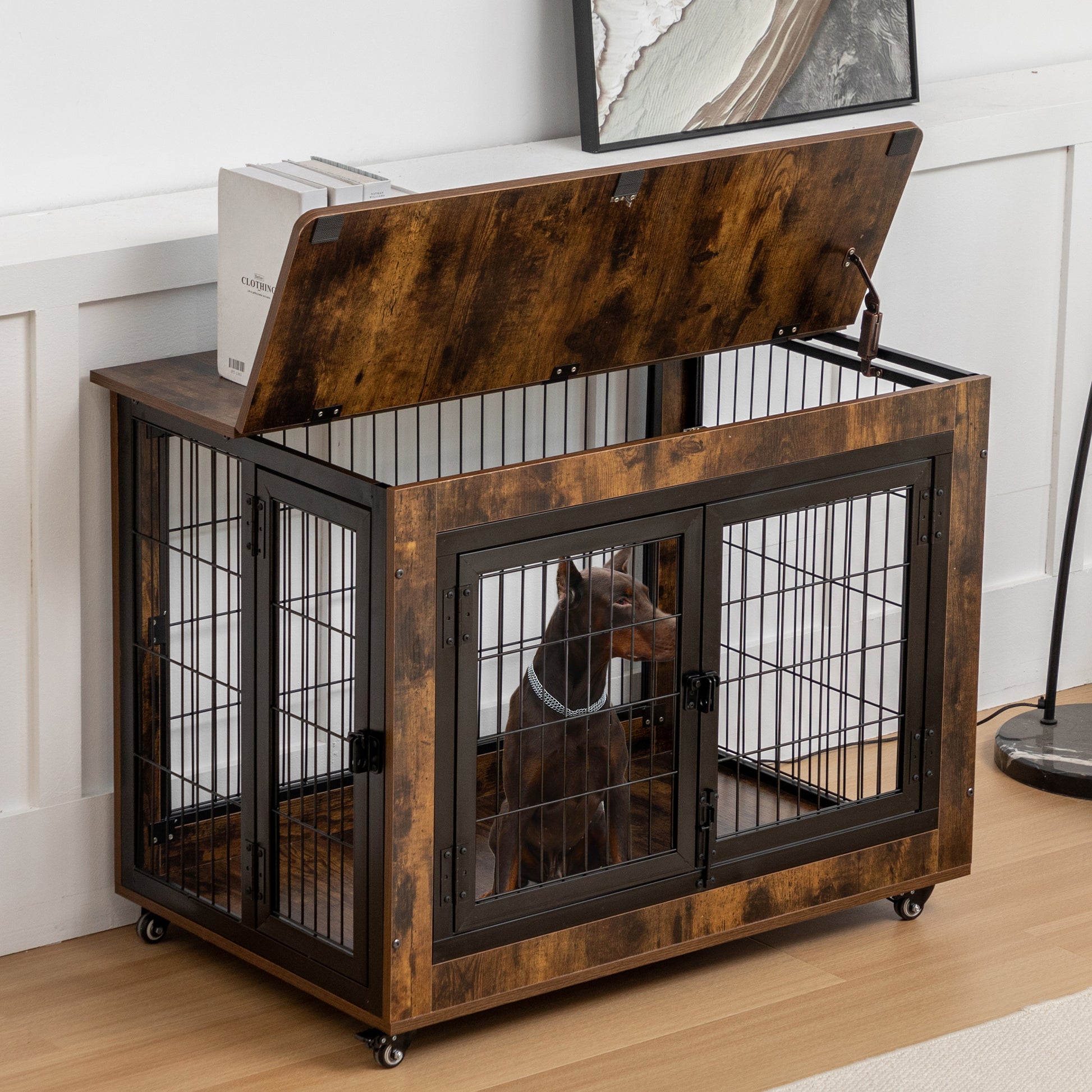 Dog Crate Furniture, Large Dog Kennel, 43"Wooden Pet Furniture With Pull Out Tray, Home And Indoor Use, Double Door Modern Side End Table For Medium Large Small Dog Brown Mdf Steel