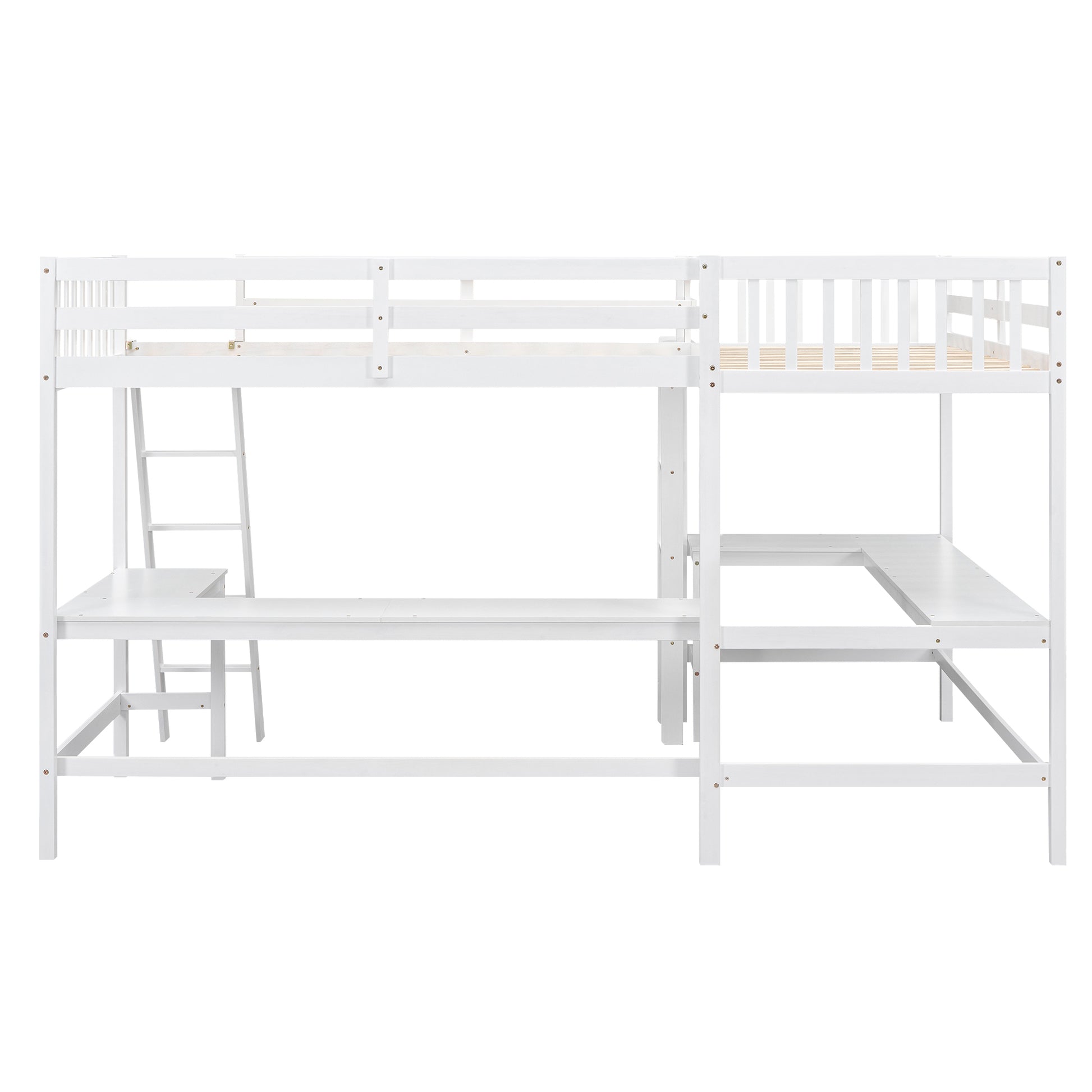 Wood Twin Size L Shaped Loft Bed With Ladder And 2 Built In L Shaped Desks, White Box Spring Not Required Twin White Wood Bedroom Solid Wood Mdf
