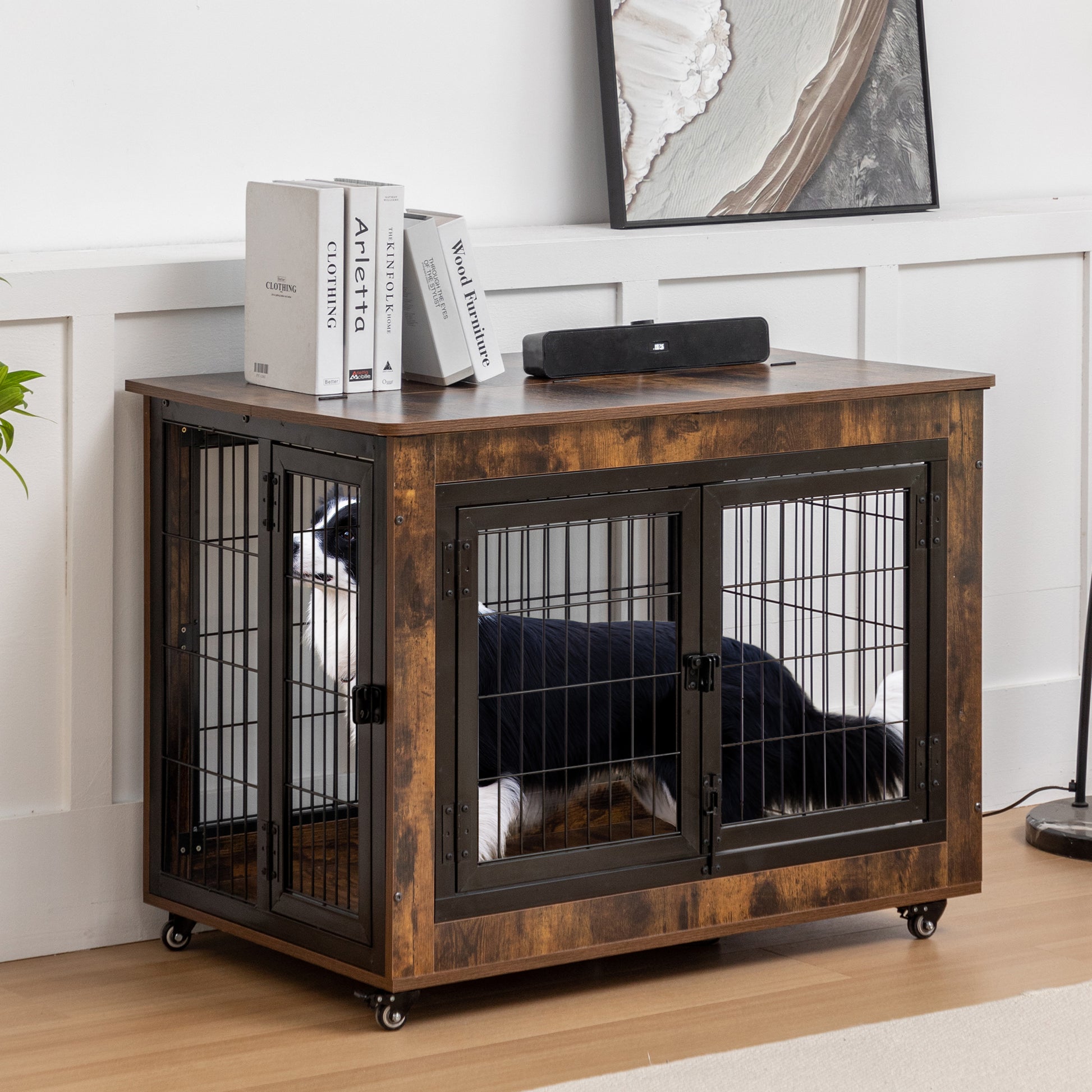 Dog Crate Furniture, Large Dog Kennel, 38"Wooden Pet Furniture With Pull Out Tray, Home And Indoor Use, Double Door Modern Side End Table For Medium Large Small Dog Brown Mdf Steel