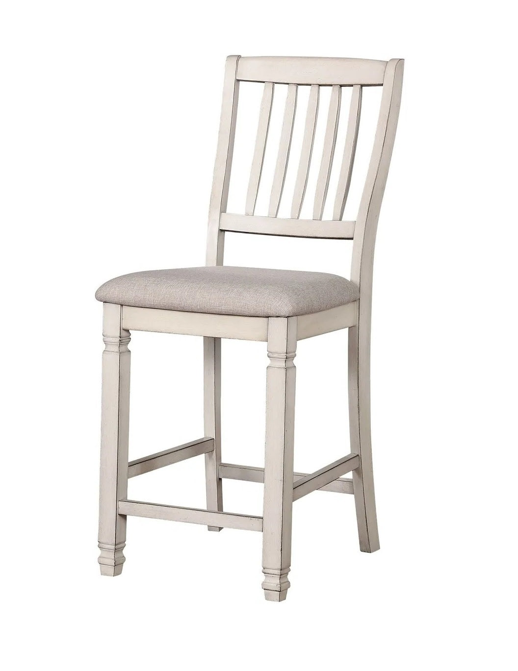 Dining Room Furniture Set Of 2Pcs Counter Height Chairs Antique White Solid Wood Slats Back Light Gray Padded Fabric Seat Cushions Antique White Gray White Dining Room Rustic,Transitional Dining Chairs Rubberwood Slat Back Solid Wood