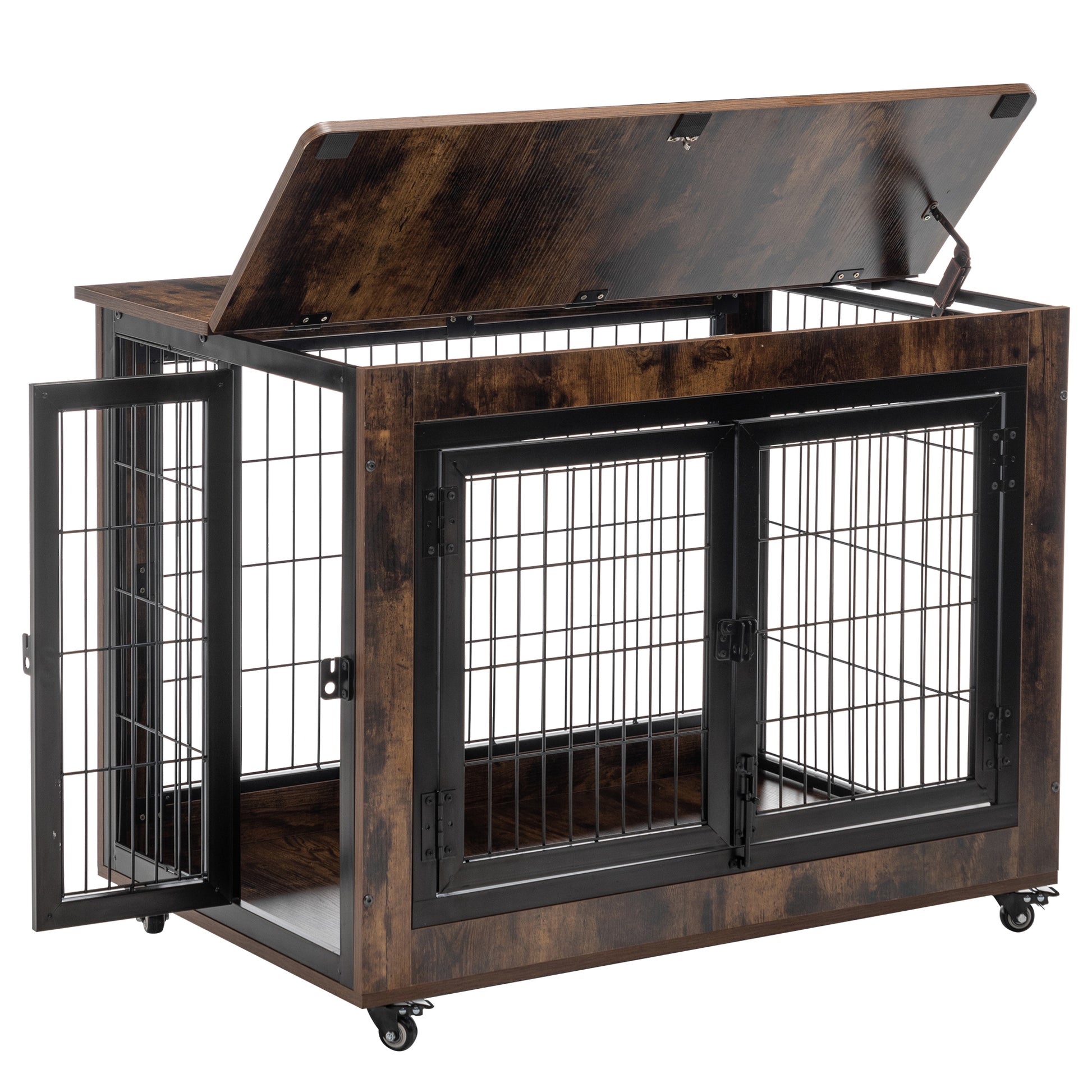 Dog Crate Furniture, Large Dog Kennel, 43"Wooden Pet Furniture With Pull Out Tray, Home And Indoor Use, Double Door Modern Side End Table For Medium Large Small Dog Brown Mdf Steel