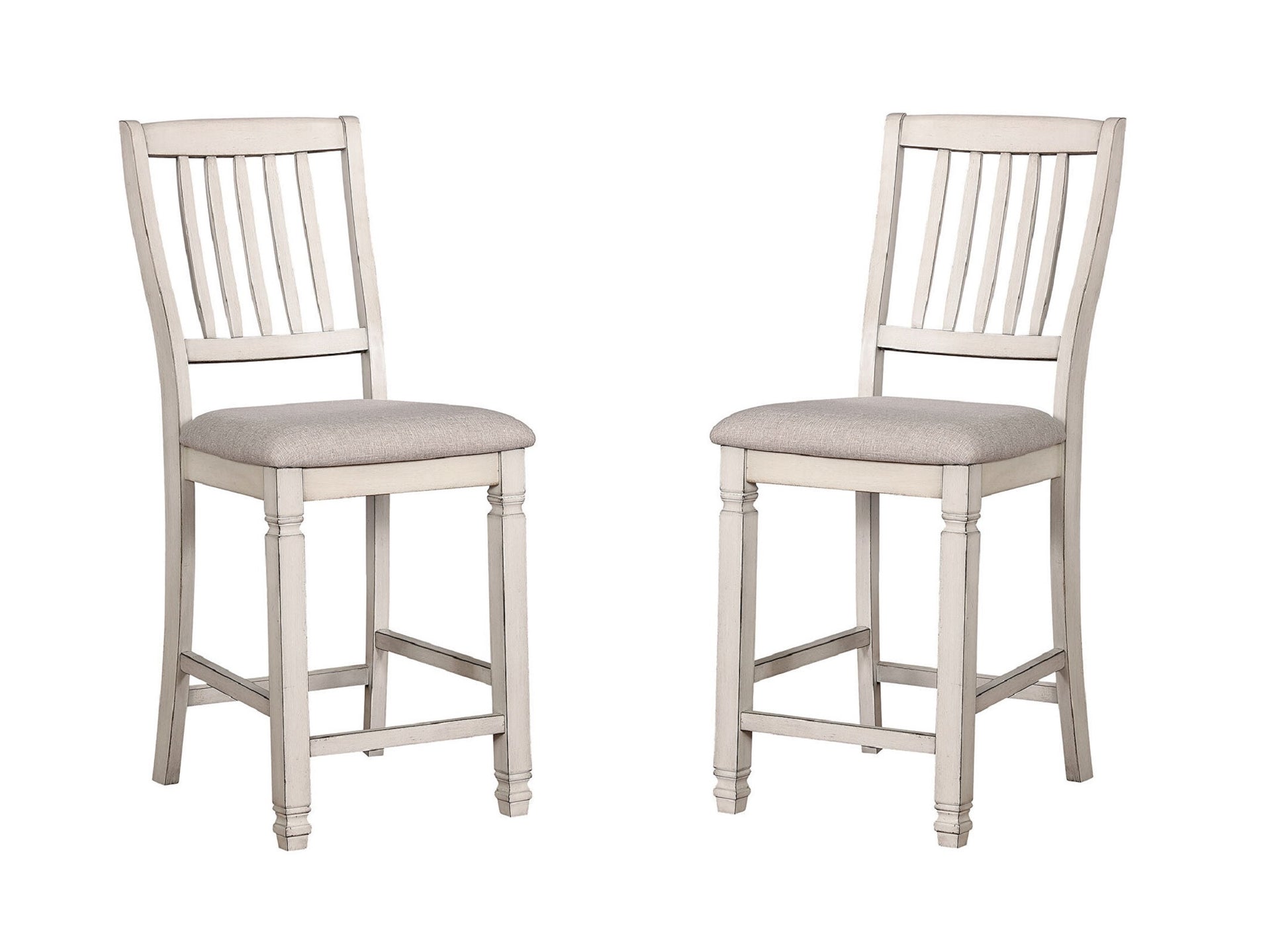 Dining Room Furniture Set Of 2Pcs Counter Height Chairs Antique White Solid Wood Slats Back Light Gray Padded Fabric Seat Cushions Antique White Gray White Dining Room Rustic,Transitional Dining Chairs Rubberwood Slat Back Solid Wood