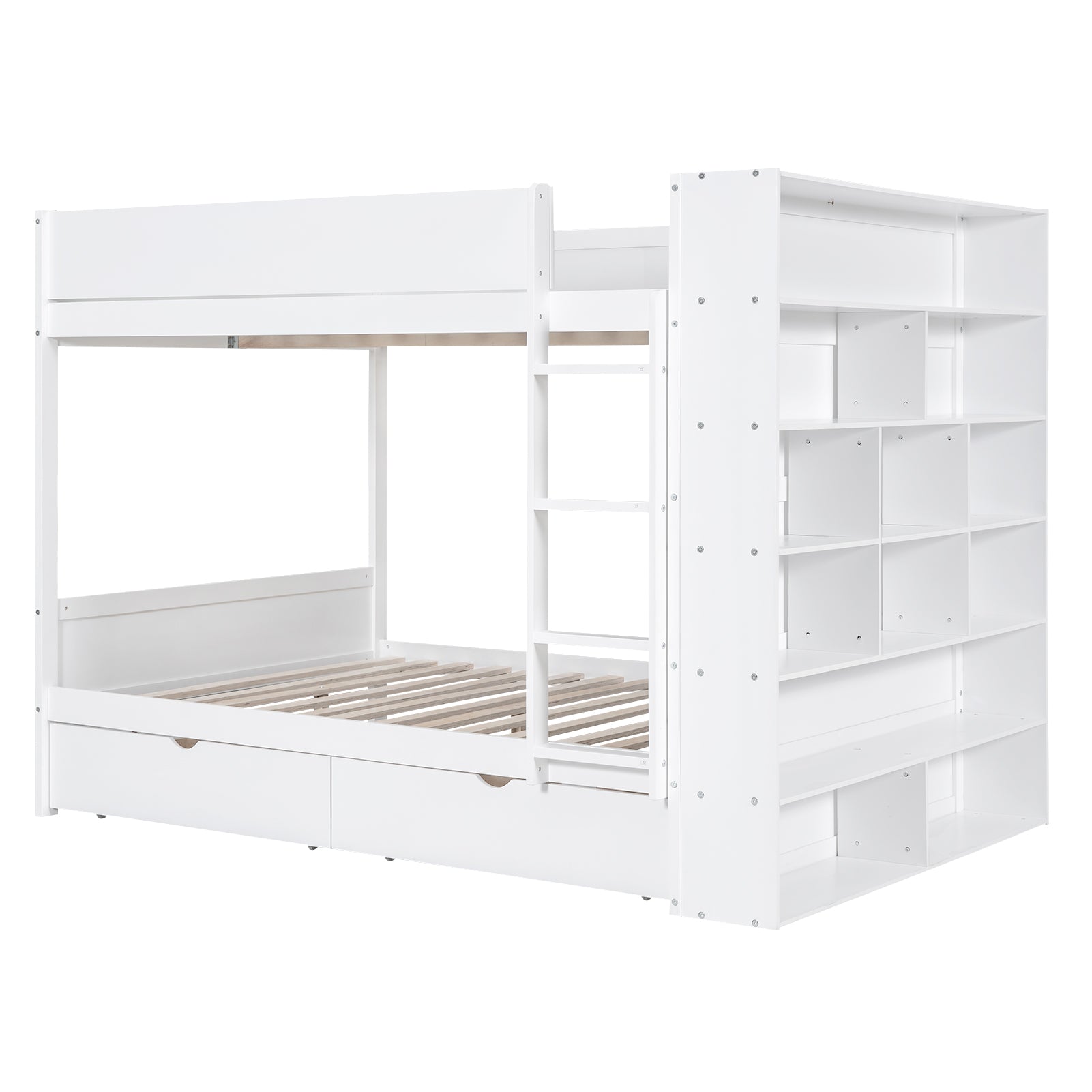 Full Over Full Bunk Bed With 2 Drawers And Multi Layer Cabinet, White White Solid Wood Mdf